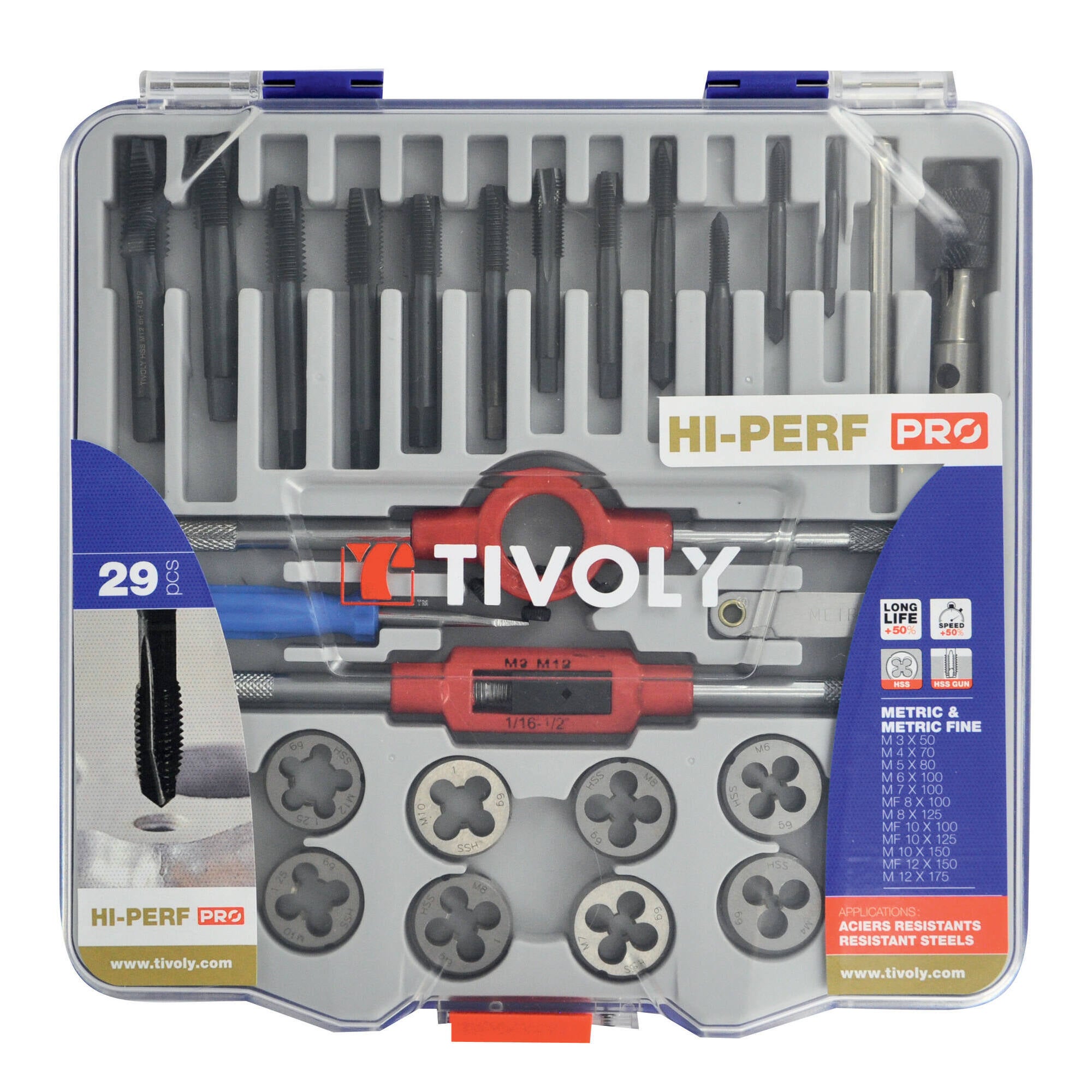 Valigetta Maschi E Filiere Tivoly MTF29 – 29 Pezzi, HSS, DIN 352, Filettatura M3 A M12, Per Acciaio, Ghisa E Plastica, Produzione Francese