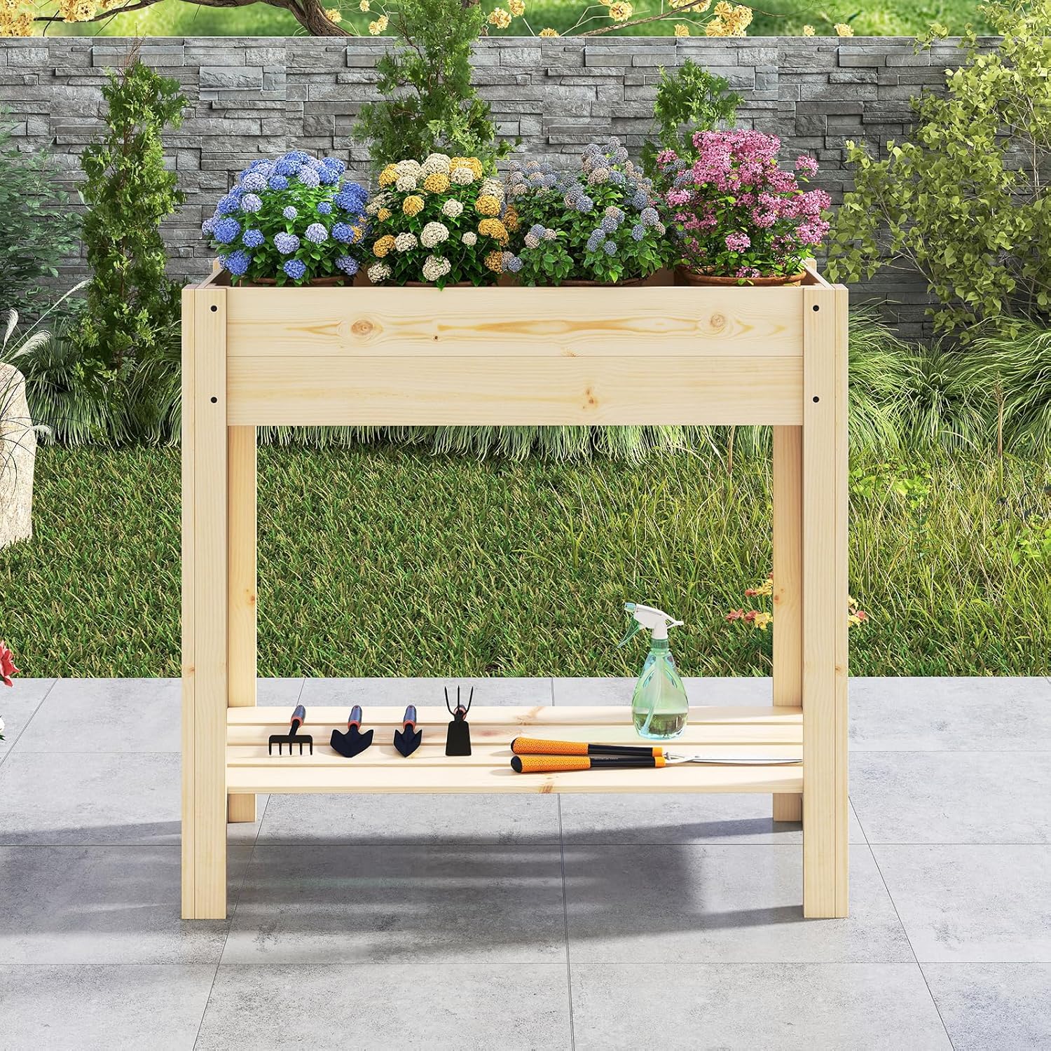 Jardinière Surélevée en Bois avec Pieds, Lit de Jardin avec Étagère de Rangement et Trous de Drainage, Conteneur (81 x 37 x 77 cm) - 2