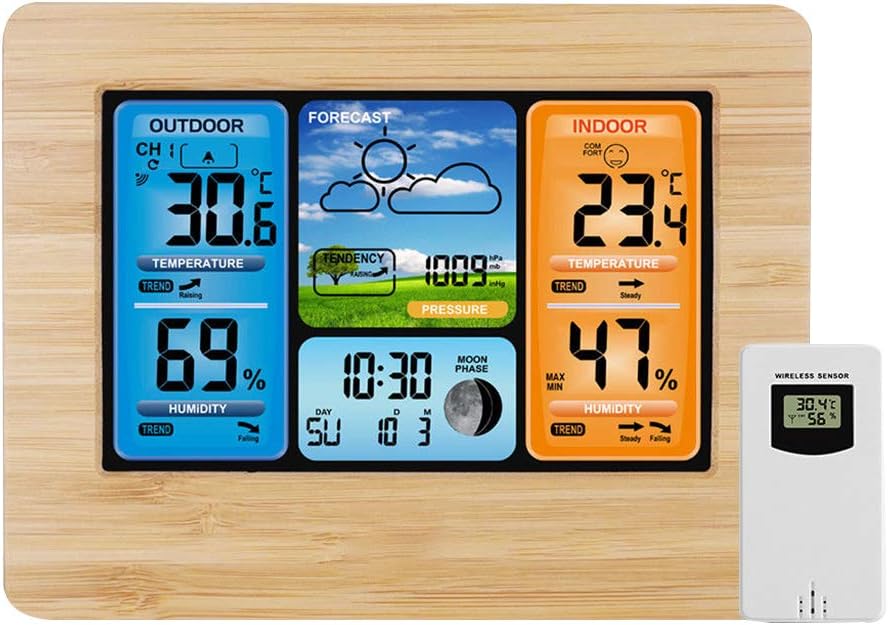 Stazione Meteo Wireless Con Display LCD 6.5'' – Previsioni A Colori, Termometro Interno/esterno, Barometro, Sveglia, Fase Lunare E Sensore Remoto (nero)