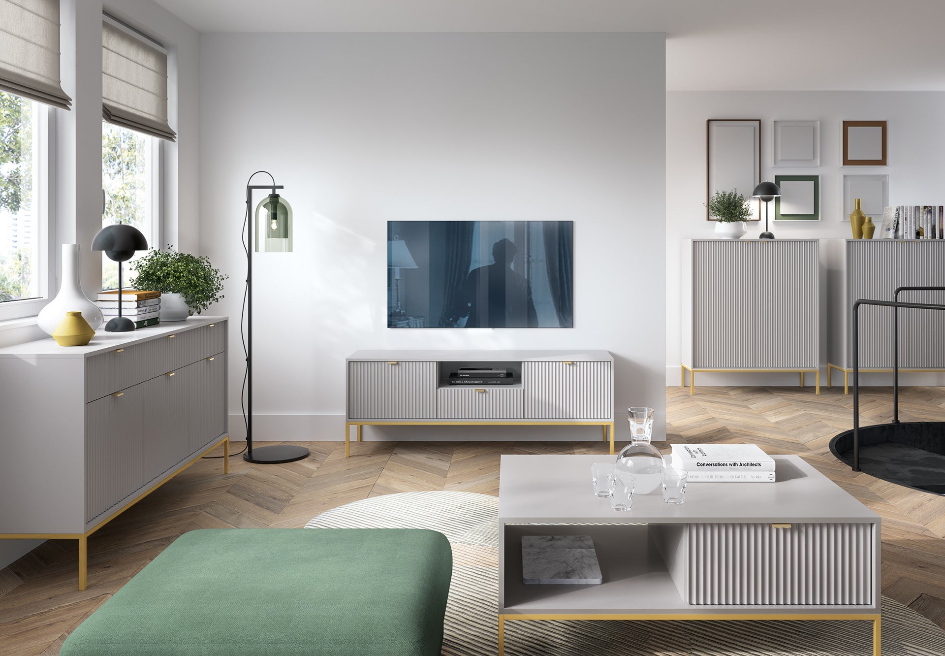 Szafka TV: 1 szuflada, szara, stelaż złoty, 154 x 56 x 39 cm, uchwyty złote - 5
