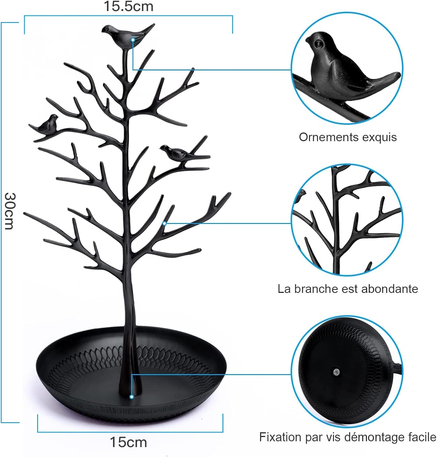 Porte Bijoux, Porte Collier Présentoir De Boucle D'oreille Arbre à Bijoux Avec Plateau à Anneaux En Bois Et Crochets De Rangement Colliers, Bracelets, Anneaux White