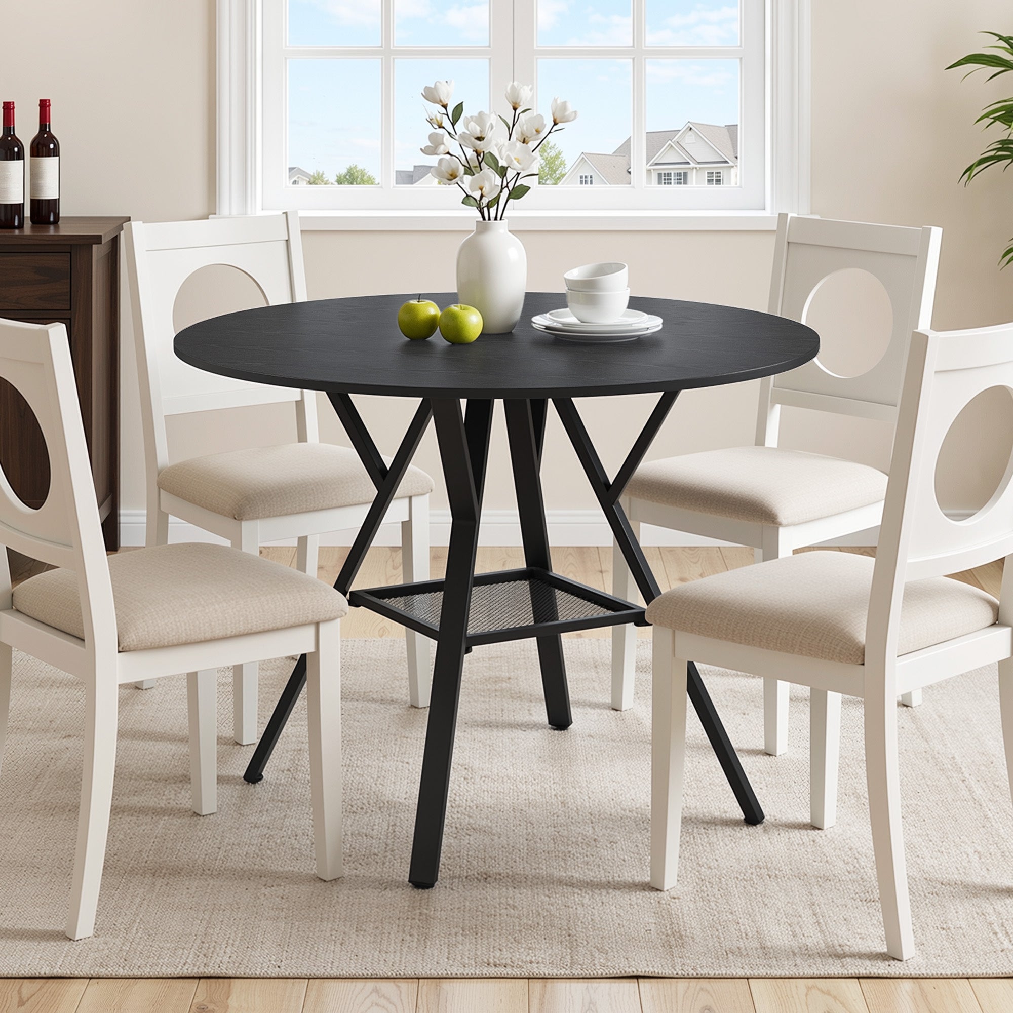 Mesa de comedor redonda moderna de madera negra y metal 100cm - Mesa de cocina industrial negra para 4-6 personas con estante de almacenamiento - 8