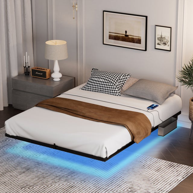 Cama flutuante em metal 160 x 200 cm com iluminação LED, estrado de ripas metálico, iluminado, preto