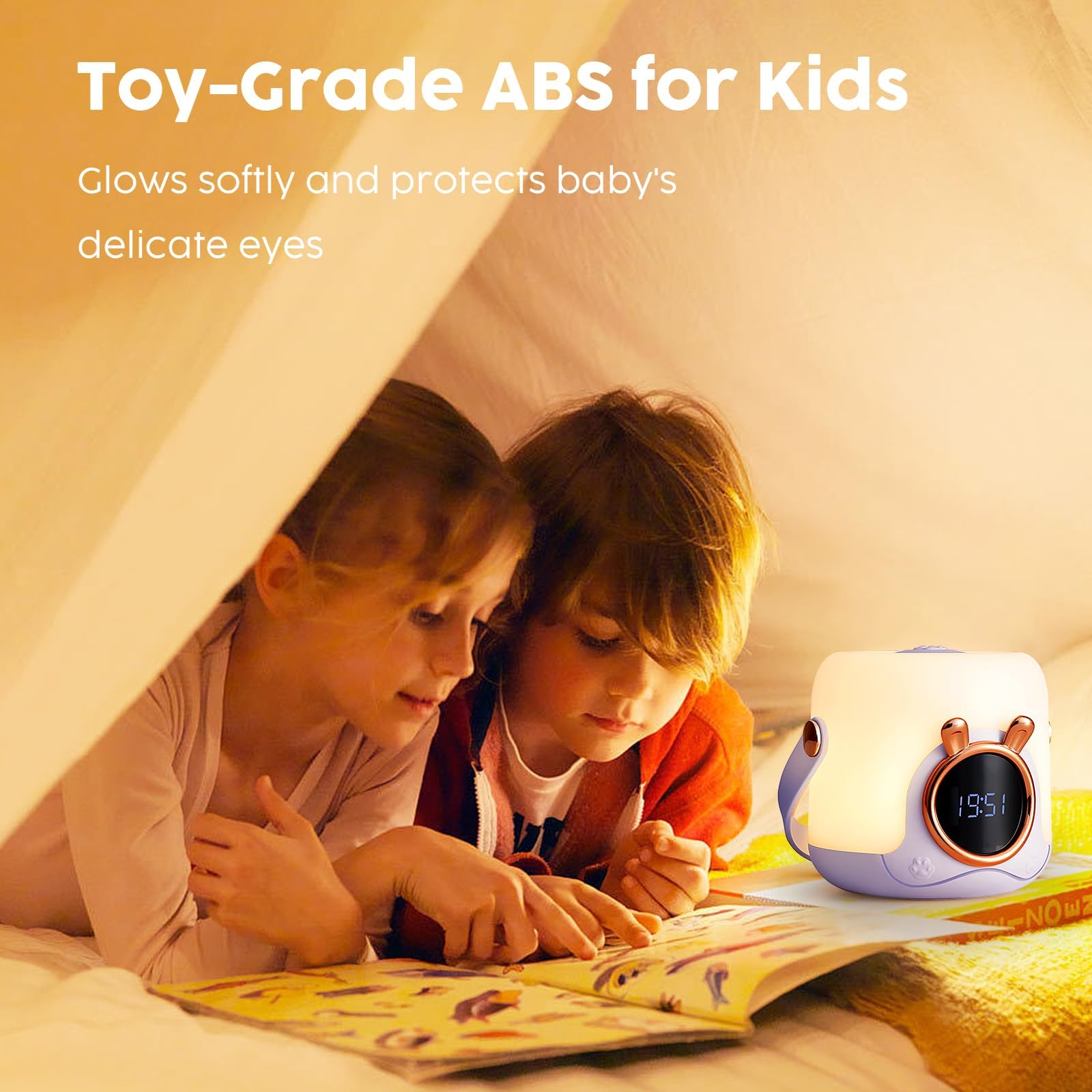 Luce notturna per bambini con orologio, luci notturne dimmerabili, lampada da tavolo portatile, 3 temperature di colore, 10,6*15,4 cm - 6