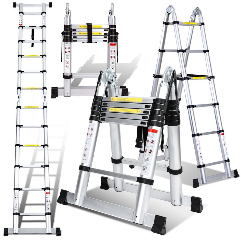 Drabina teleskopowa aluminiowa srebrna 1,9 m + 1,9 m - Wielofunkcyjna drabina rozsuwana o udźwigu do 150 kg