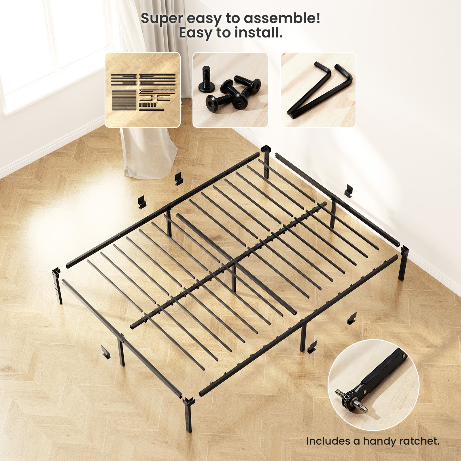 Cadre Lit Plateforme Moderne: 140x200 cm, Cadre Lit Métallique, Pieds Rectangulaires Robustes, Lattes Silencieuses. AURALUM MAX. - 5