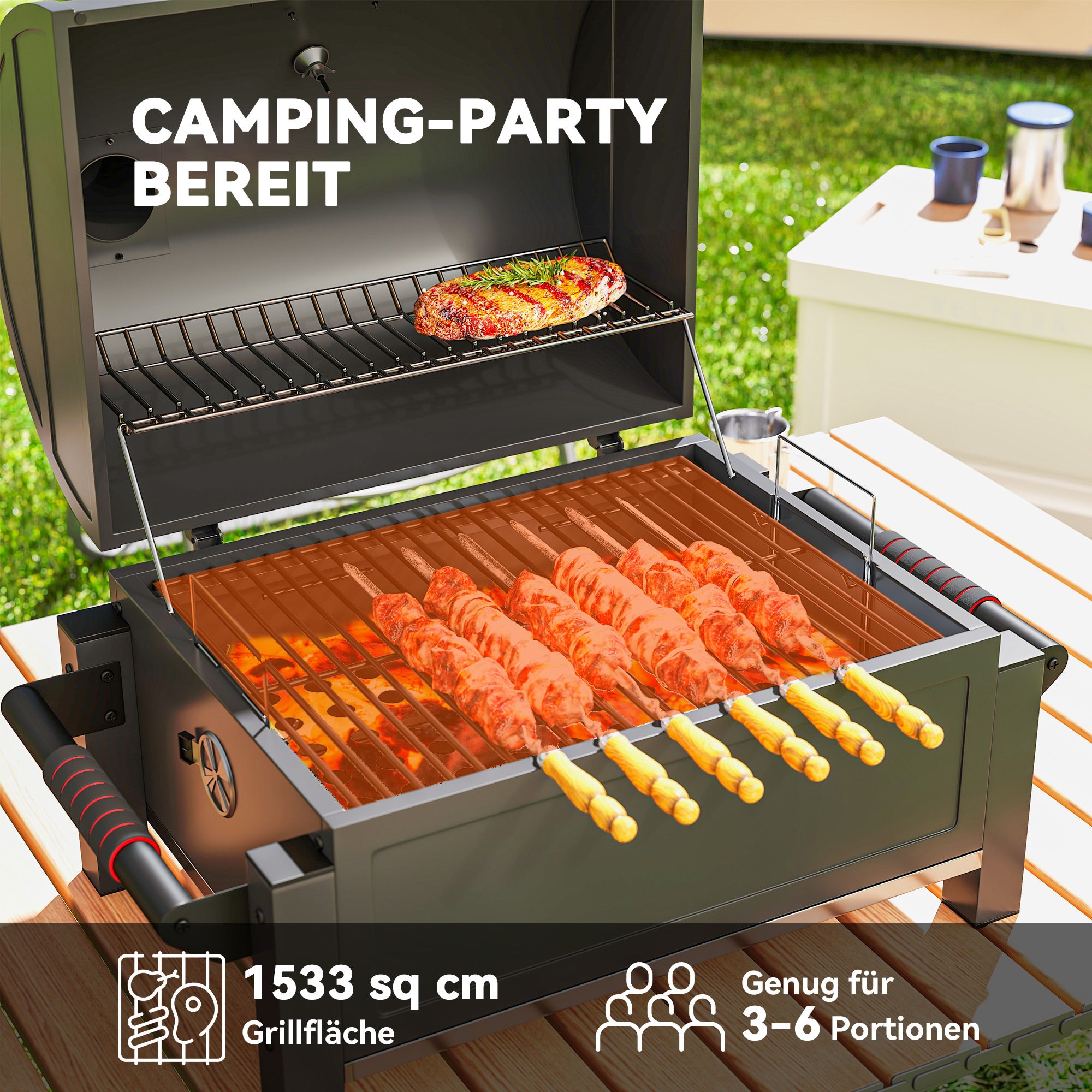 Barbecue charbon de bois avec couvercle, grille de maintien au chaud, bac à cendres, thermomètre, inoxydable, 67 x 53 x 55 cm, noir/rouge - 5