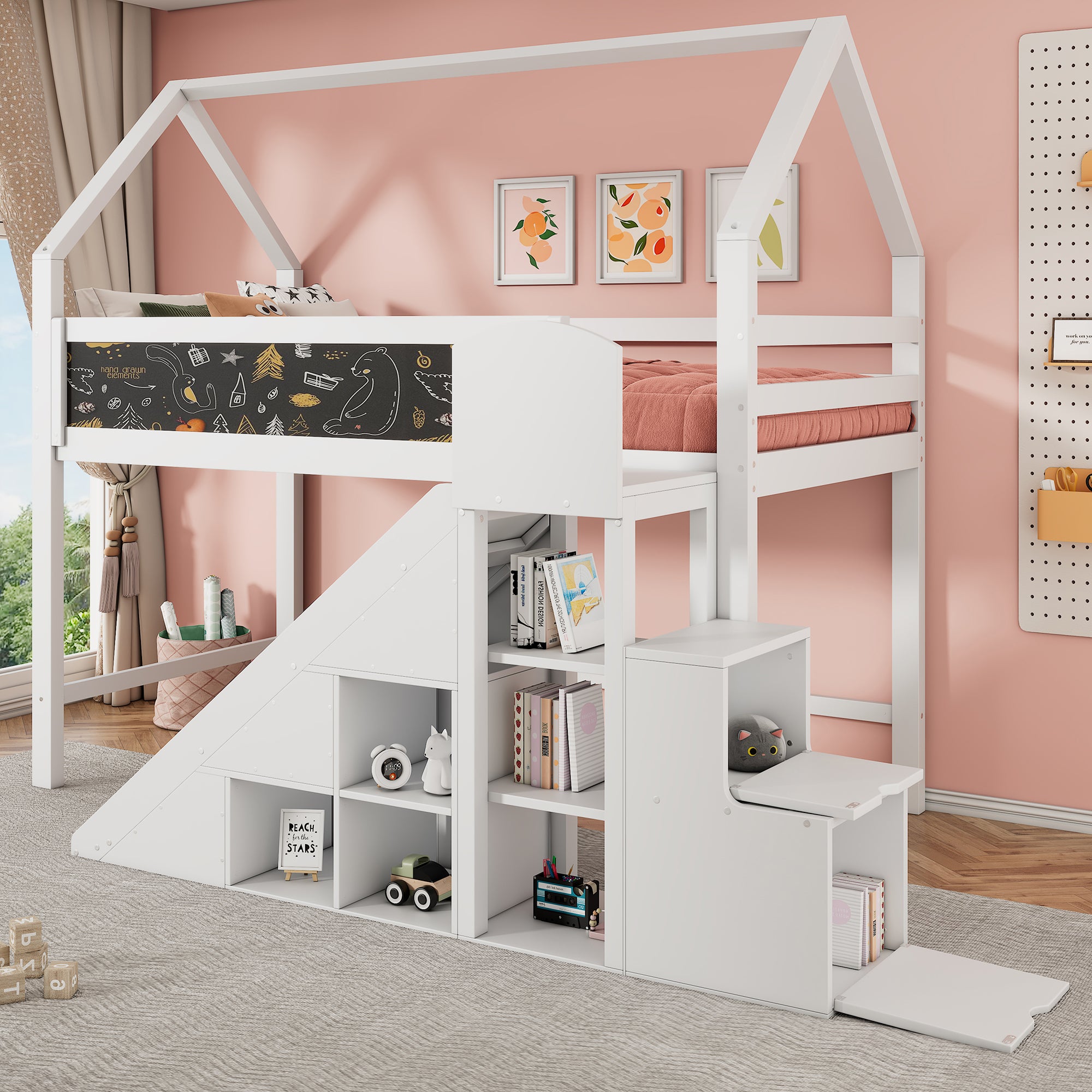 Lit superposé pour enfant - 90x200 cm - avec tableau noir - toboggan et ...