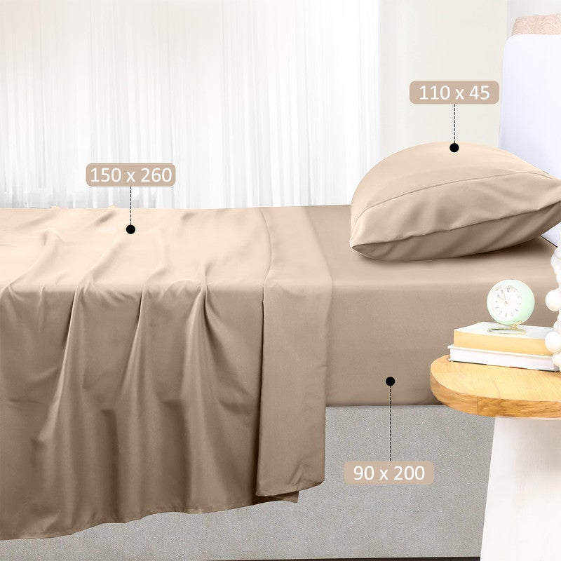 Juego de Sábanas 100% Algodón | 3 Piezas | Bajera Ajustable 30 CM | Funda Almohada Boca Abierta | Hipoalergénico, Absorbe Humedad | Beige Cama 90 - 3