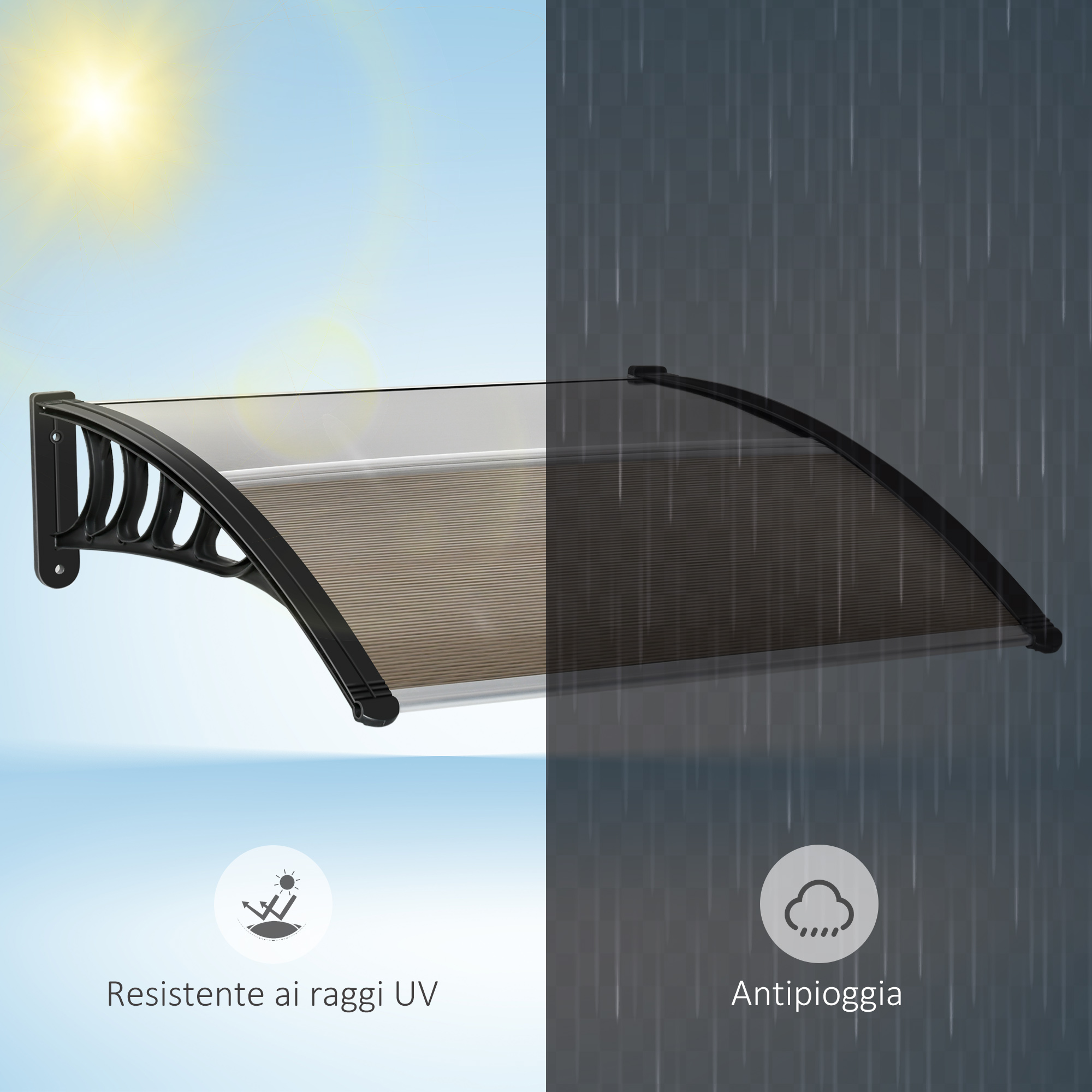 Outsunny Pensilina in Policarbonato e Alluminio per Porte e Finestre, Tettoia da Esterno con Kit Montaggio, Marrone - 7