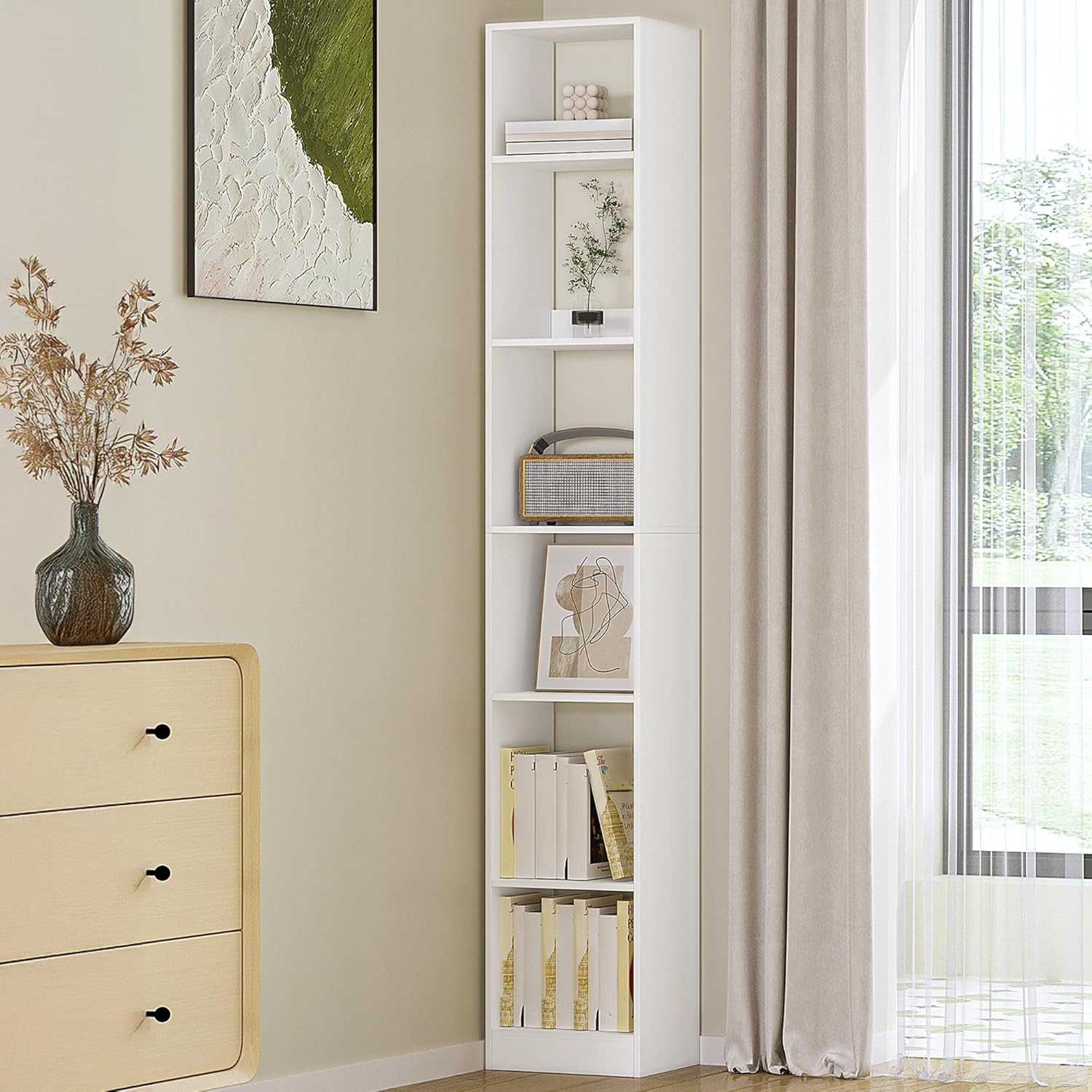 Librería de 6 Niveles, Estantería Libros, para Salón, Estudio, Oficin, Dormitorio, Estilo Escandinavo, 24 x 30 x 184,4 cm, Blanco - 2