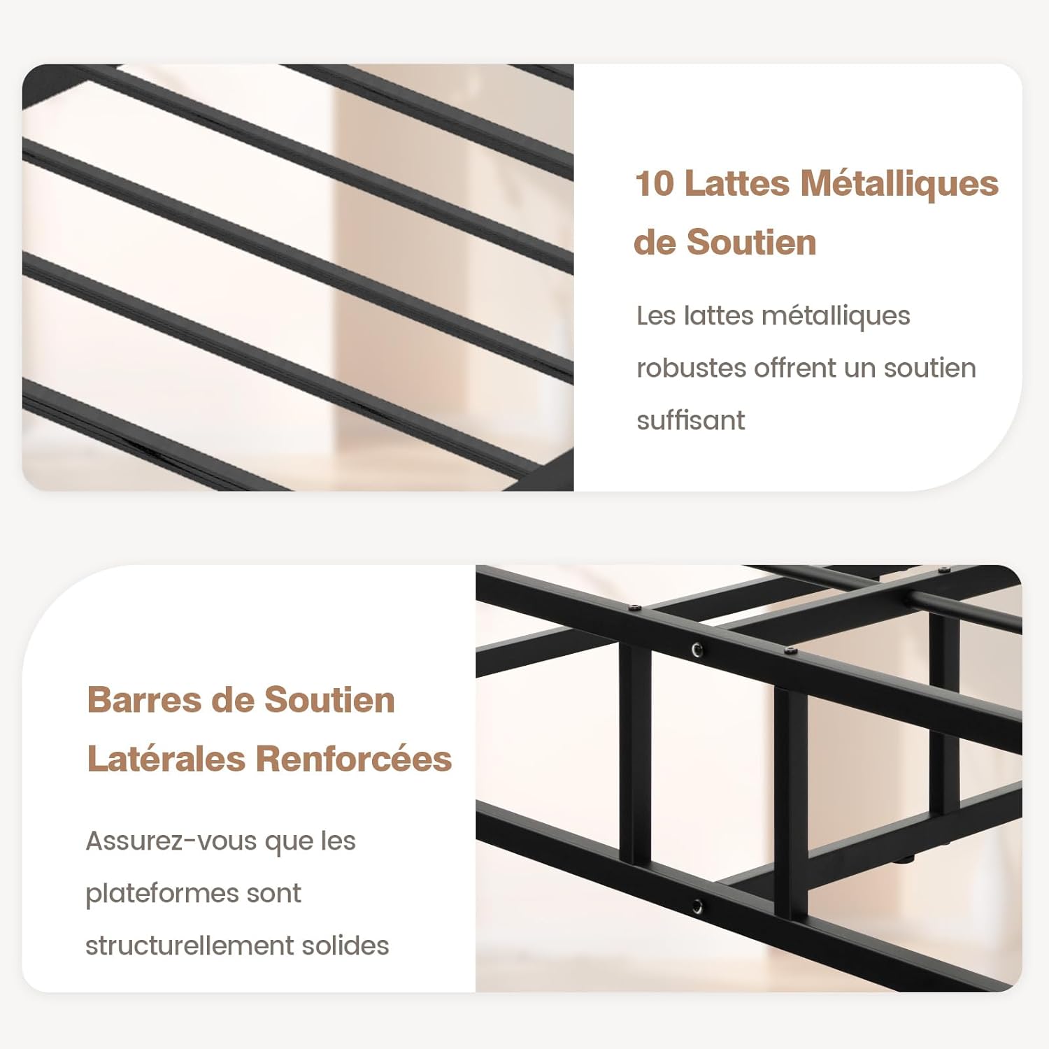 Estrutura de cama de casal 140x200 cm com ripas, cama plataforma de metal tamanho queen para adultos, fácil montagem, carga de 300 kg - 4