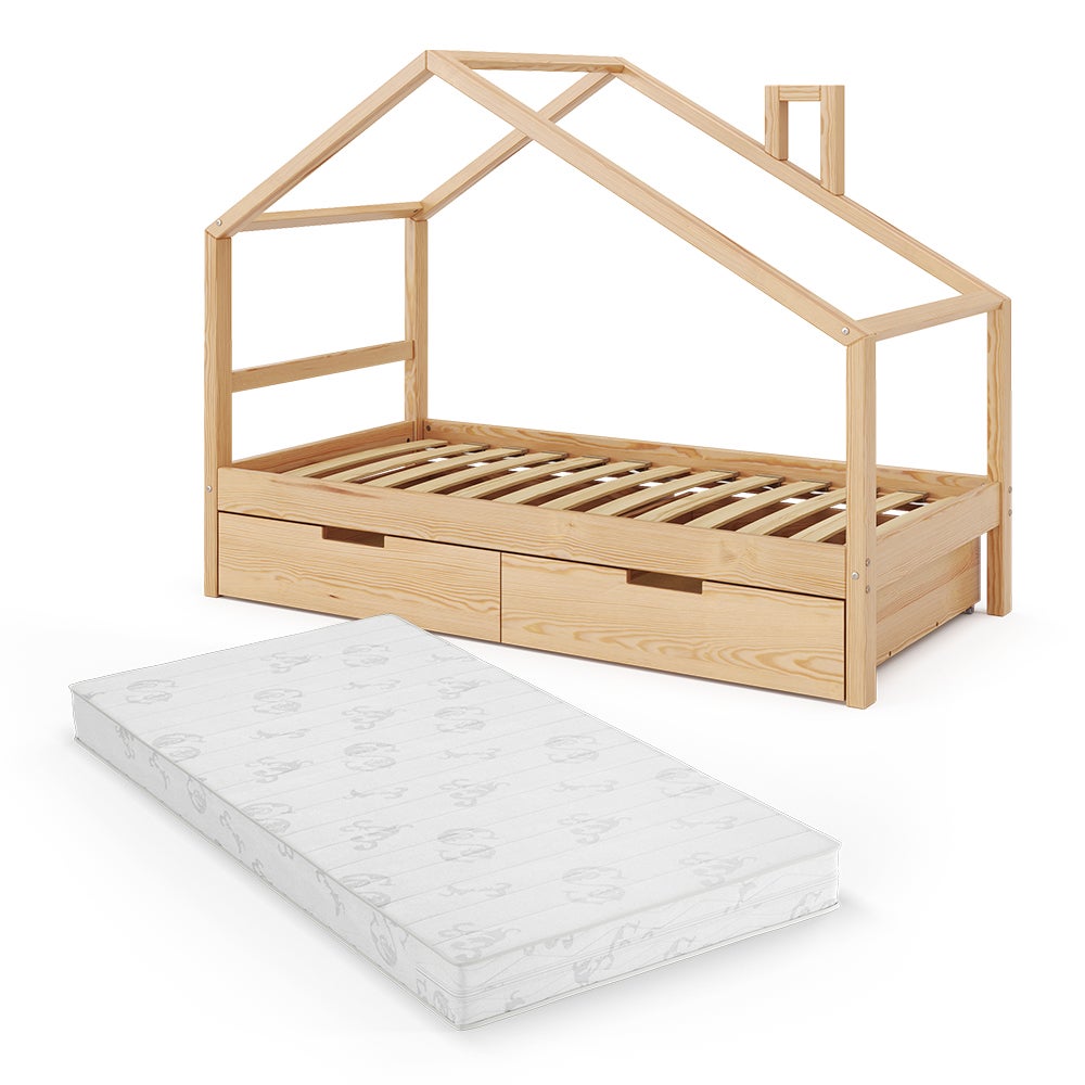 Lit cabane enfant 80 x 160 CM OREL gris avec sommier et barrières