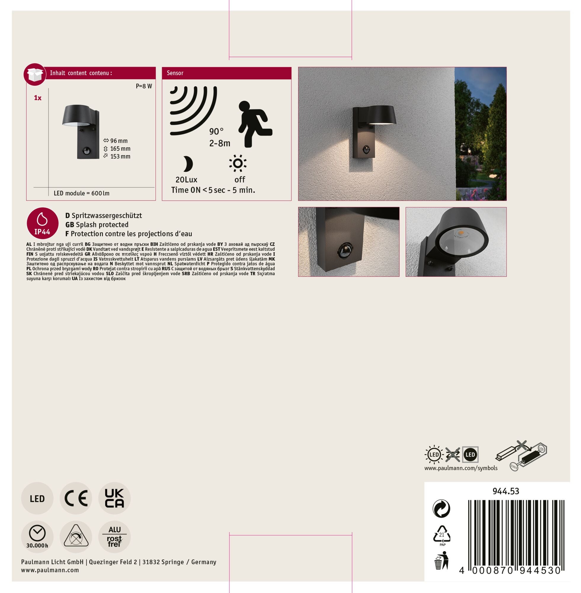 Applique d'extérieur LED Capea Détecteur de mouvement crépusculaire (IR) IP44 96x165mm 3000K 6W 500lm 230V 98° Anthracite Aluminium - 9
