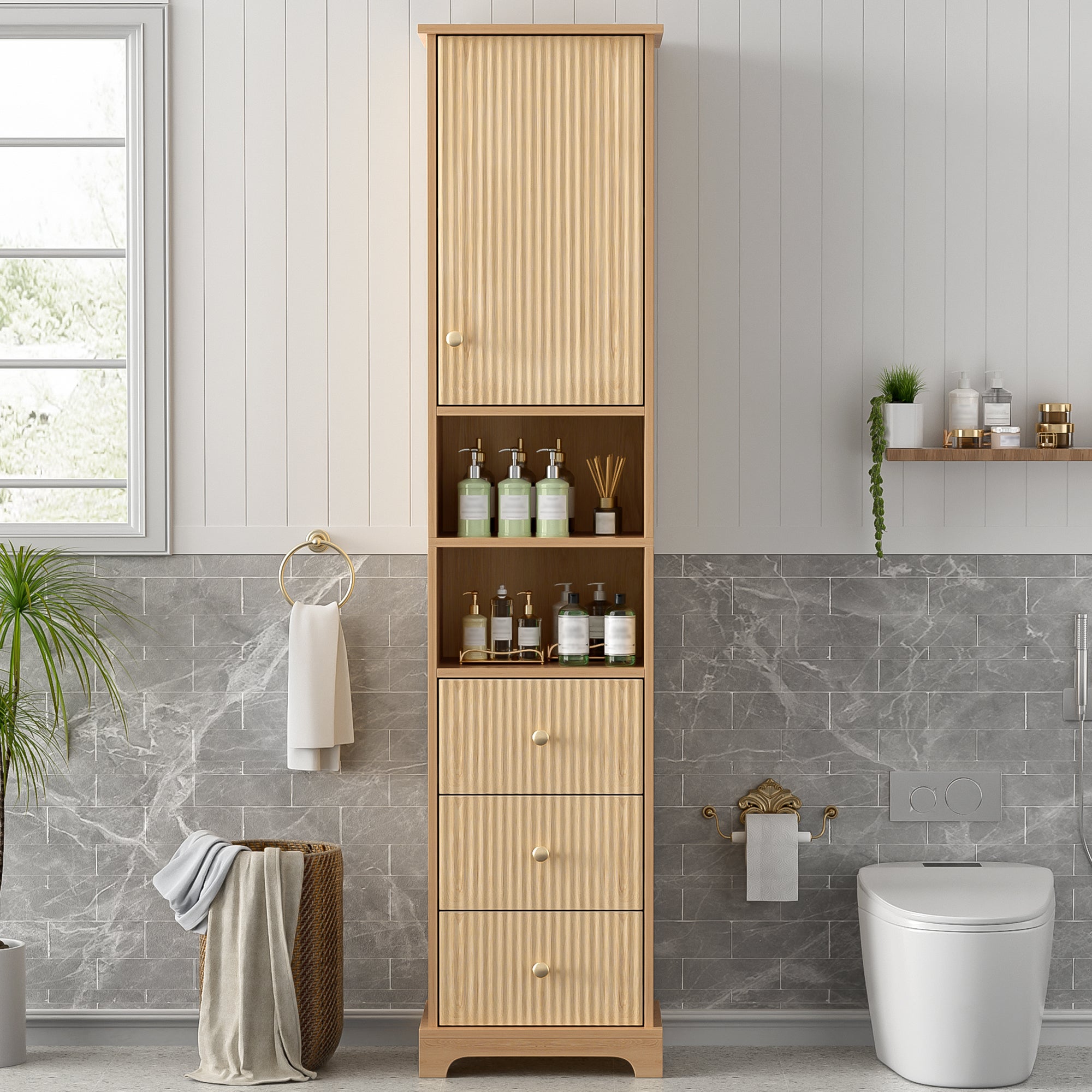 Szafka łazienkowa z 1 drzwiami, 3 szufladami i 2 otwartymi półkami - 40 x 30 x 172 cm - MDF - Naturalna