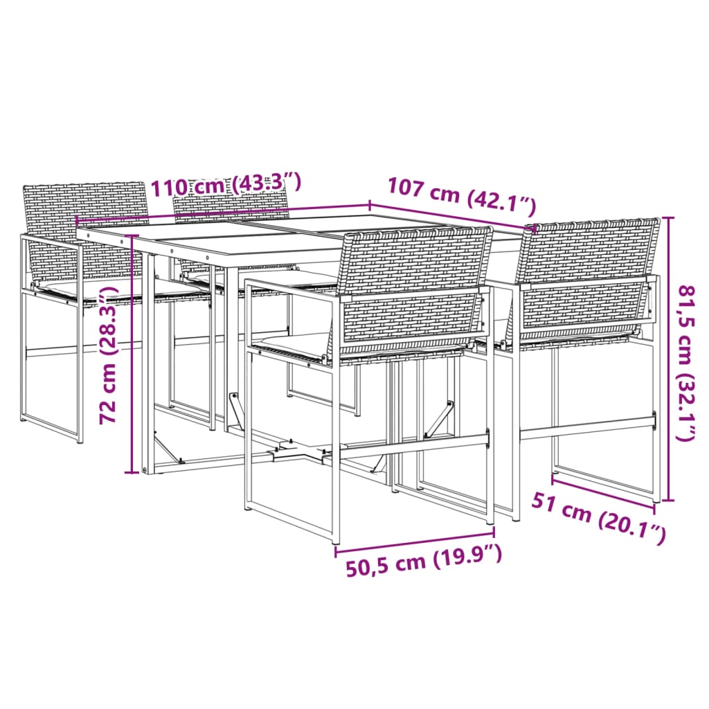 Set de muebles jardín 5 piezas con cojines ratán sintético negro - 9