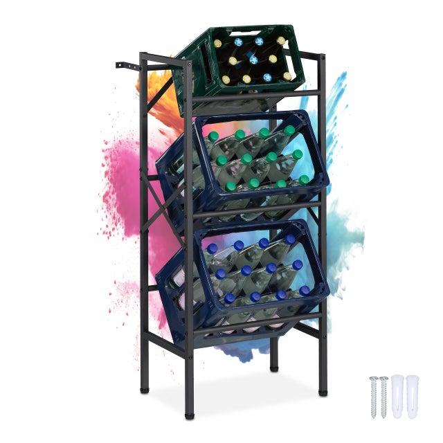 Relaxdays Scaffale Porta Casse Acqua, 109x49x32 cm, Scaffalatura per 3 Cassette di Bevande, max. 150 kg, Acciaio, Nero