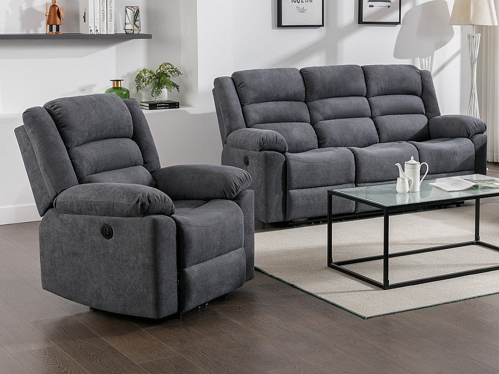 Kanapa 3 osobowa i fotel z funkcją relax elektryczny z szarą tapicerką - BUROLO