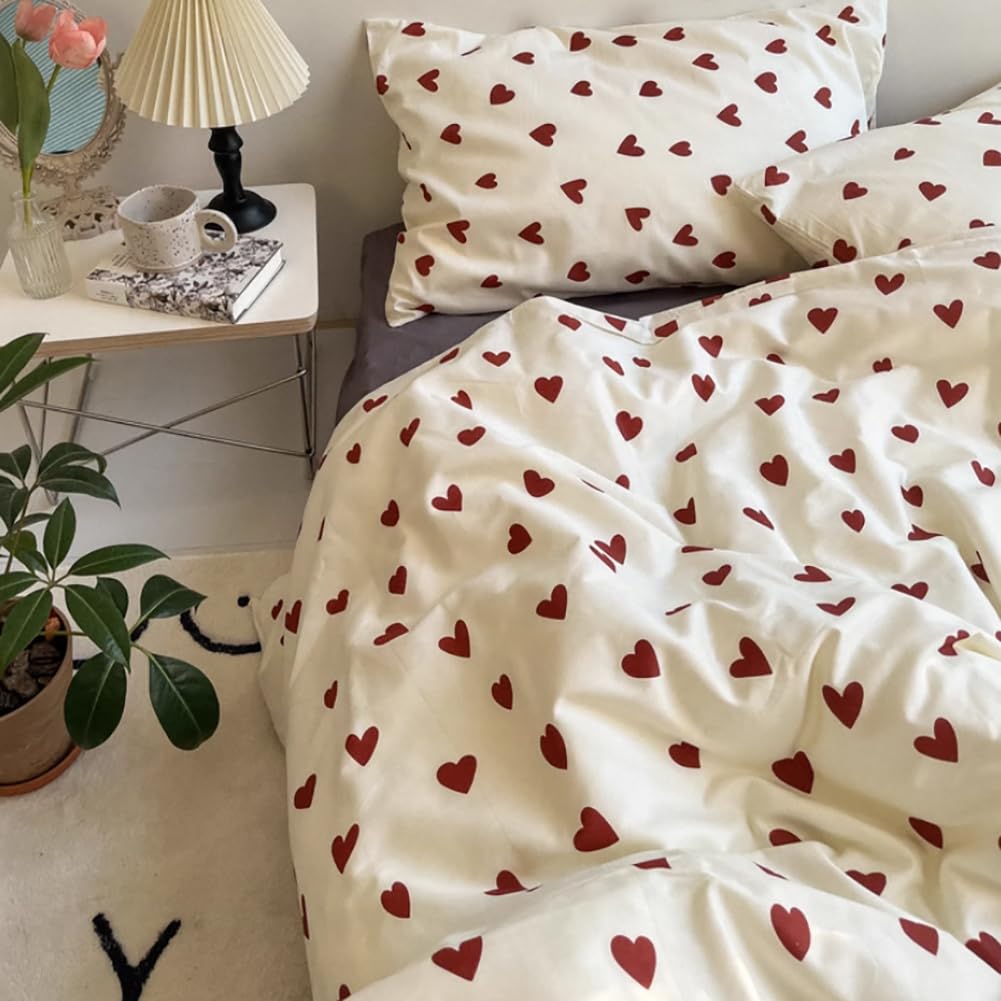Parure de lit de style coréen avec cœur rouge Housse de couette pour enfants et adultes Twin Full Queen Size Drap plat Taie d'oreiller Linge de lit - 2