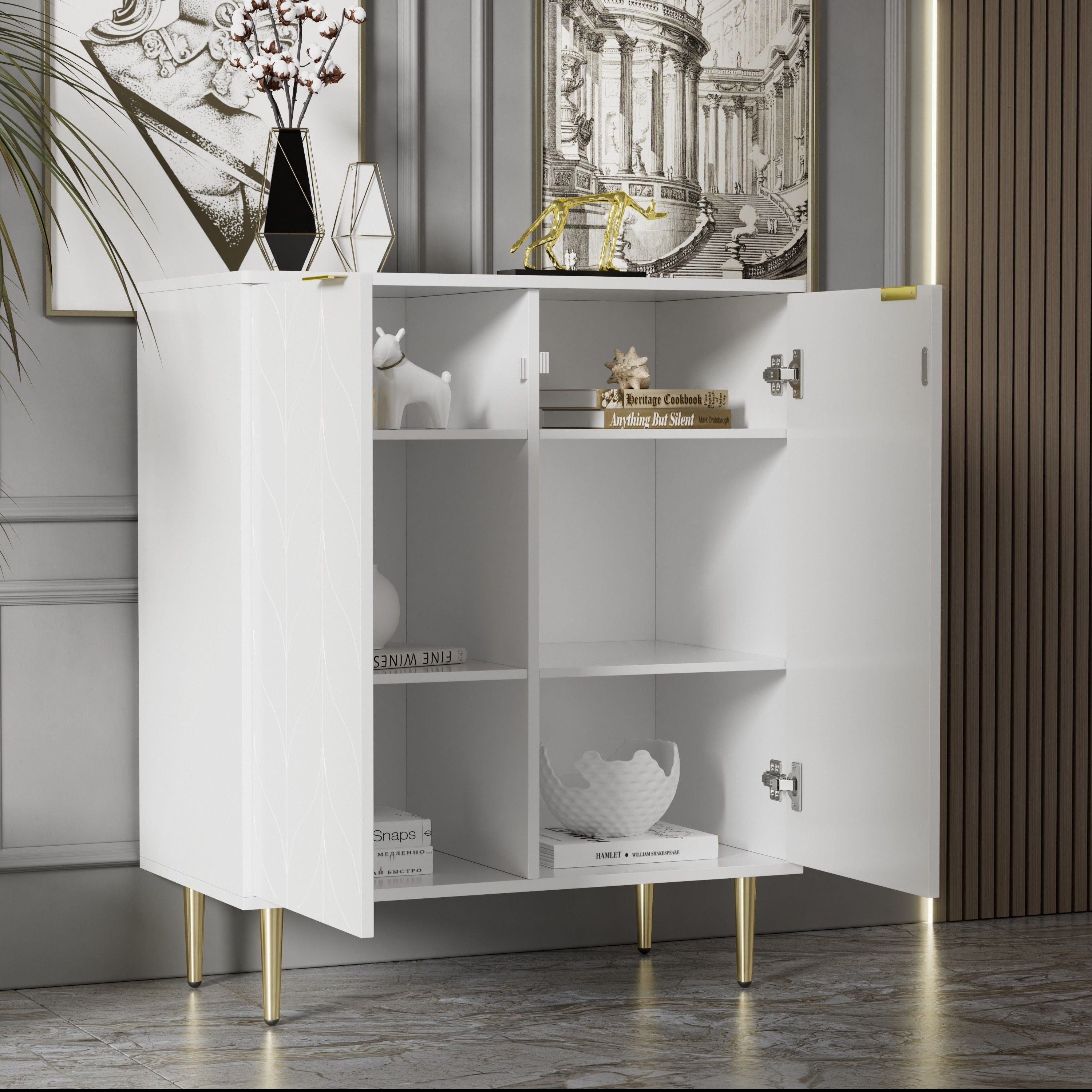 Buffet 2 portes, commode, design d'angle antichoc, 3 étagères, 6 compartiments, 75L*40P*90H, blanc - 4