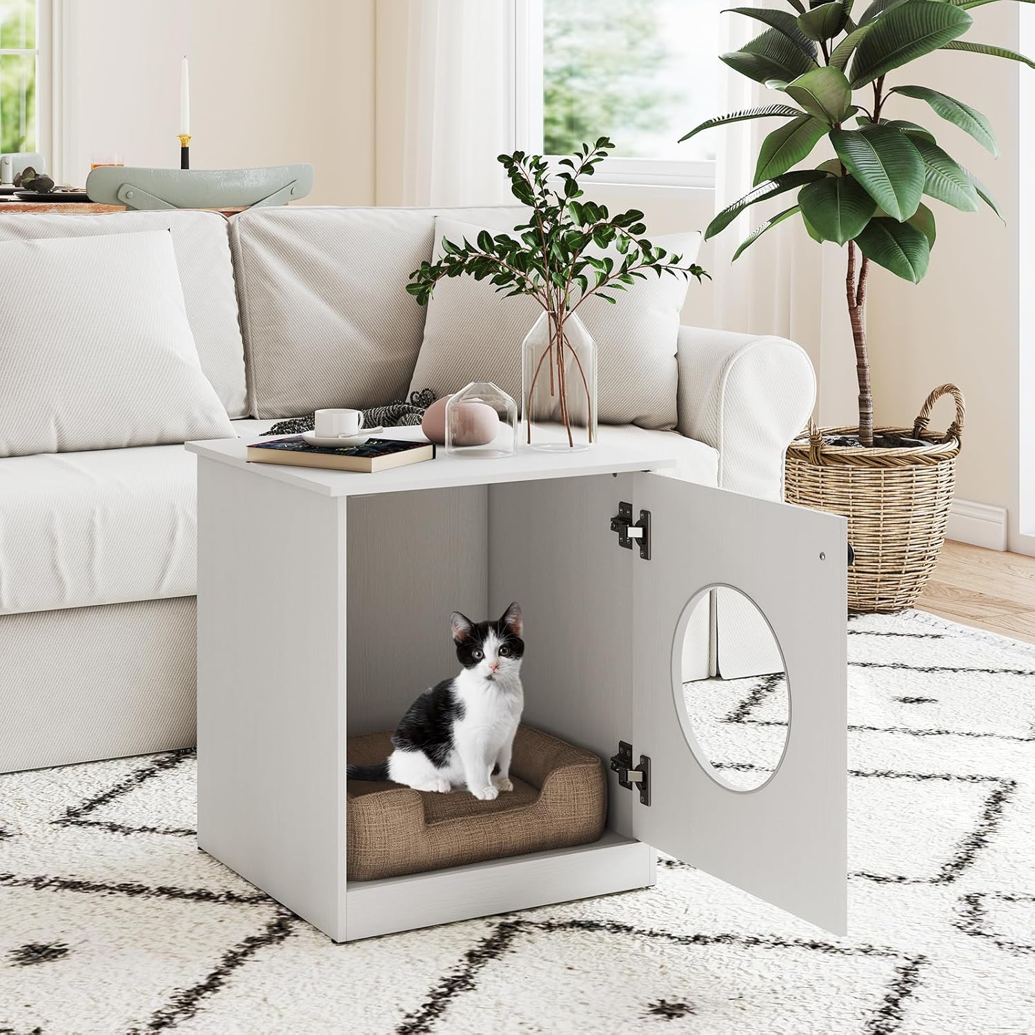 Meuble Litiere Chat en Bois, Grand Trou Ø 25 cm pour Accès, Maison pour Chat, Coussinets Antidérapants, Table d'Appoint, 51x47x57 cm, Blanc - 4