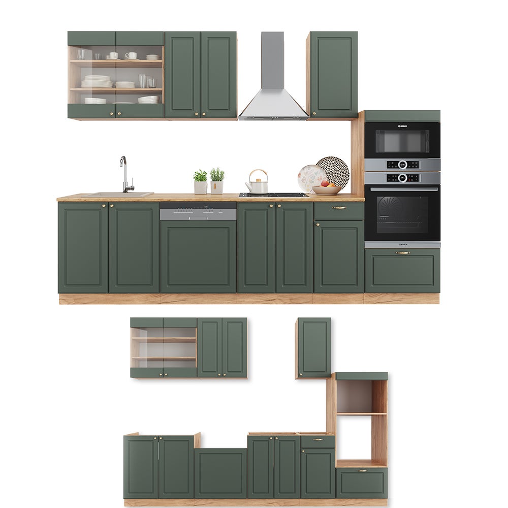 Vicco Cucina componibile Fame-Line, Quercia verde-oro Country/oro Power, 300 cm con armadio alto, senza piano di lavoro - 8