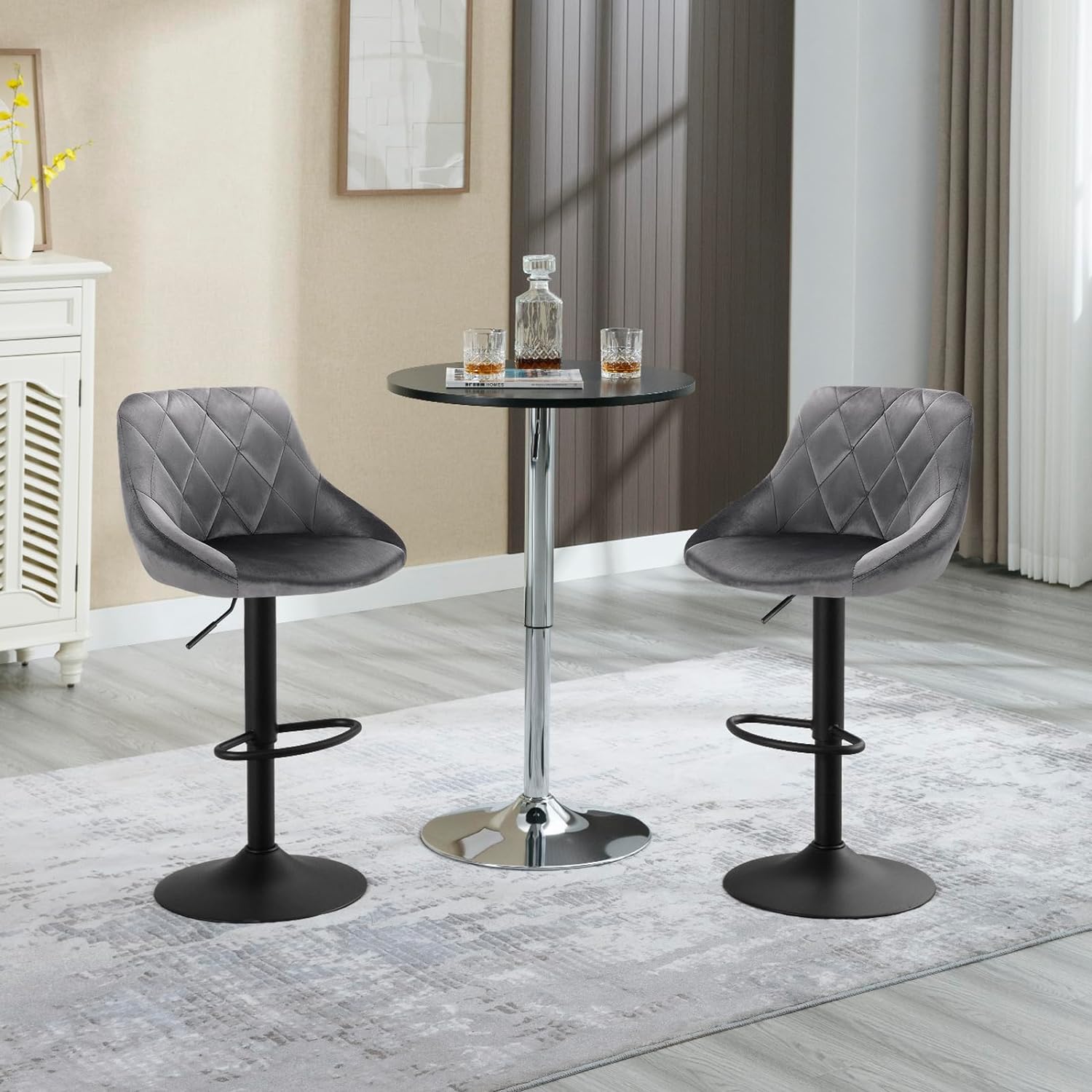 WOLTU 1 X Tabouret de bar siège bien rembourré en velours . Chaise de bar. Hauteur réglable pieds en métal. Gris Foncé - 2
