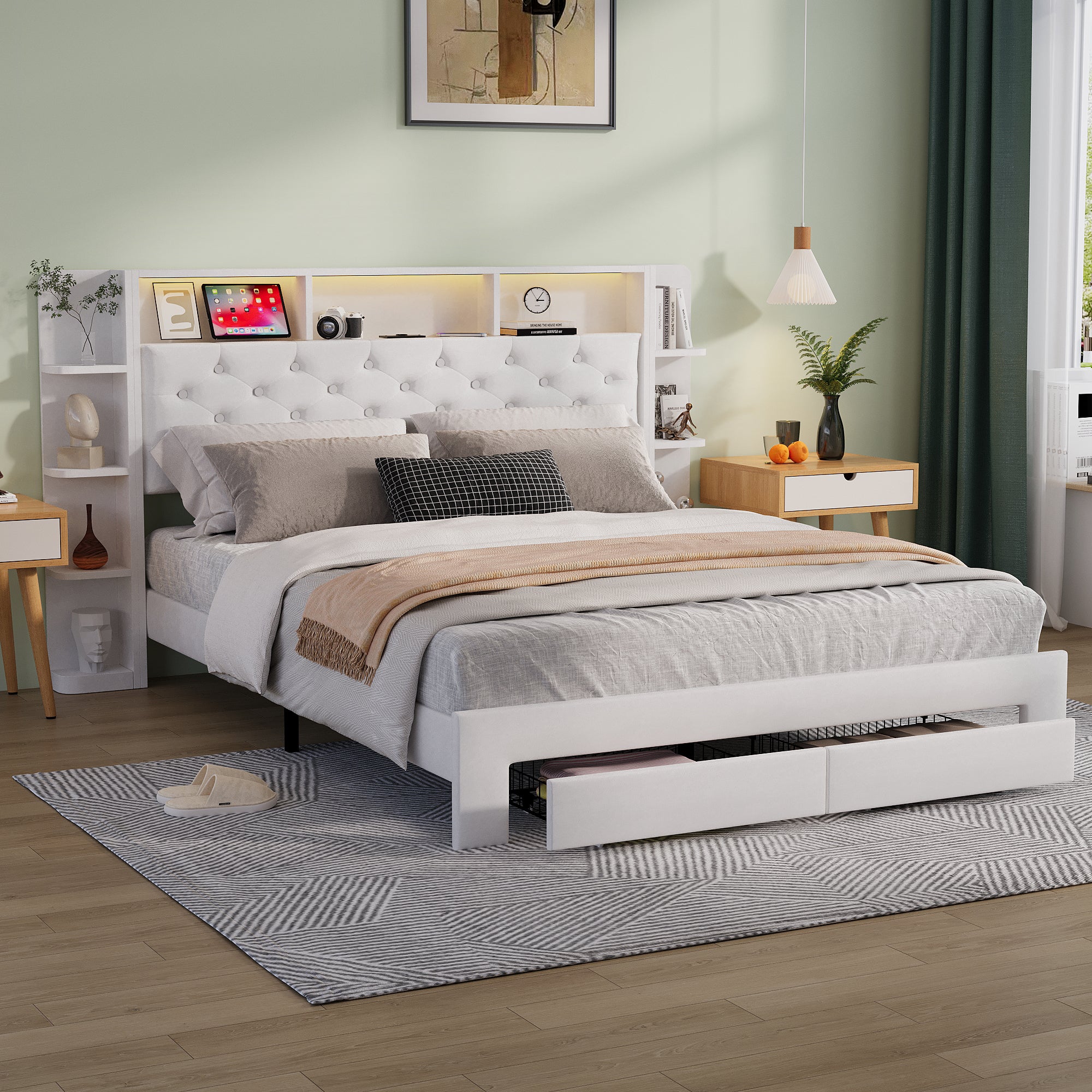 Struttura Letto 140 X 200 Con Base In Metallo, Letto Matrimoniale Con Contenitore E Led Pu Nero