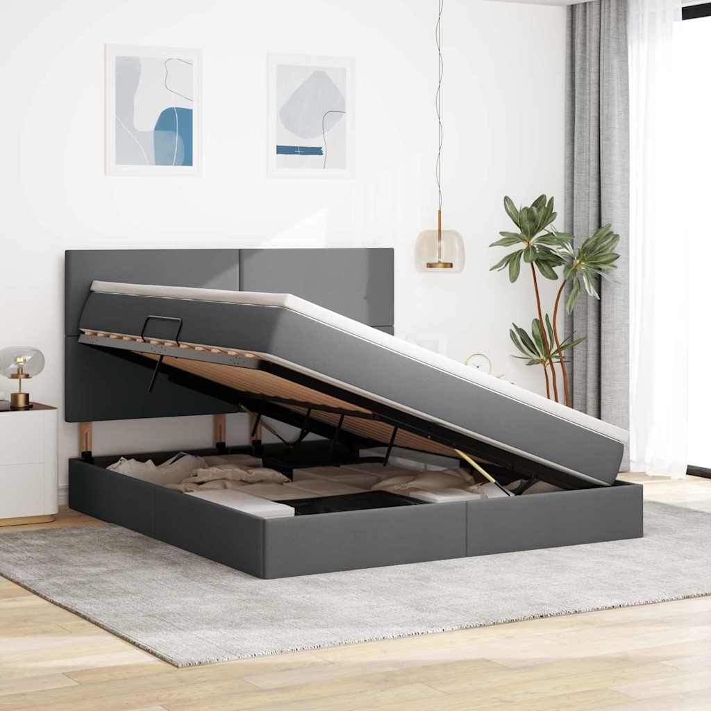 Lit avec rangement et matelas en tissu gris foncé, pour la chambre, 160 × 200 cm - 4