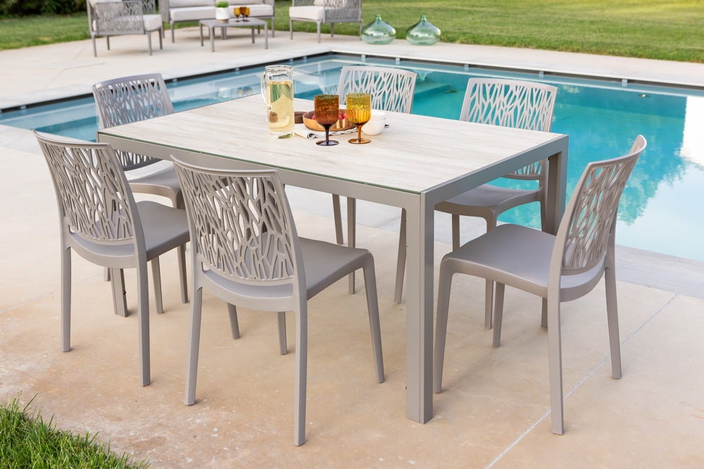 Mesa rectangular 150x90 cm fija con estructura de aluminio y tablero de vidrio decorado Milo para interior/exterior madera/tórtola - 3