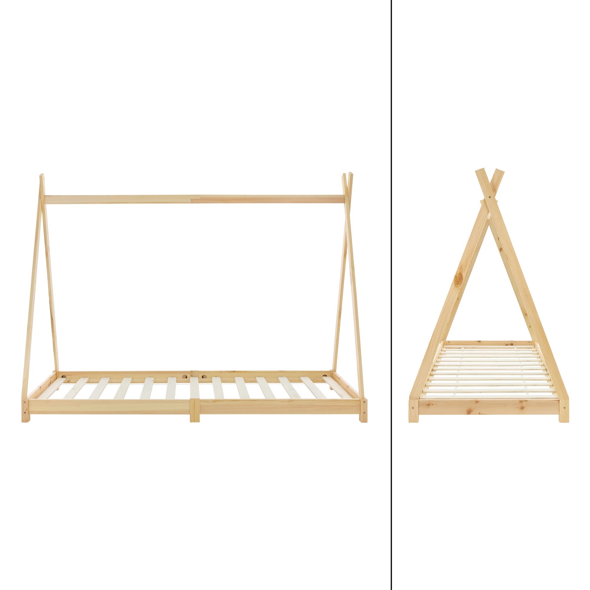 Lit d'enfants Tipi 90x200 cm naturel cadre style indien en bois de pin massif matelas H:10 cm hypoallergénique housse amovible et sommier à lattes - 5