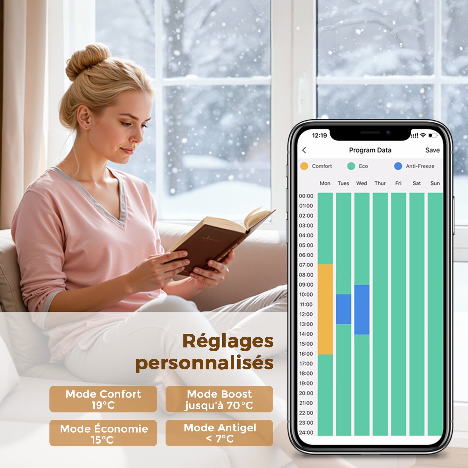 Résistance sèche-serviettes connectée WiFi avec thermostat intelligent – Élément chauffant programmable 900W, commande vocale, Blanc, S'AFIELINA - 6