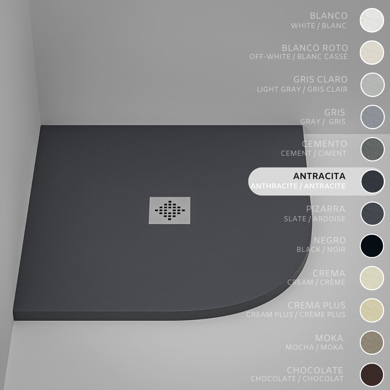 Brodzik półokrągły SOULHOME Żywica i Konglomerat Mineralny Antypoślizgowy 80x80 cm Antracyt - Kratka Inox