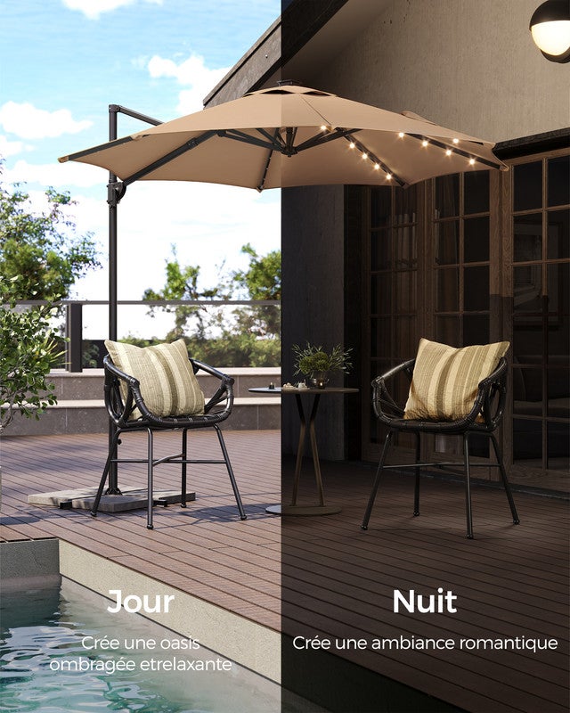 Parasol de Jardin 300 cm, 28 LED Solaires, UPF 50+, Pivotant à 360°, Inclinaison Fluide, Manivelle, avec Base en Croix, Marron Chameau - 3