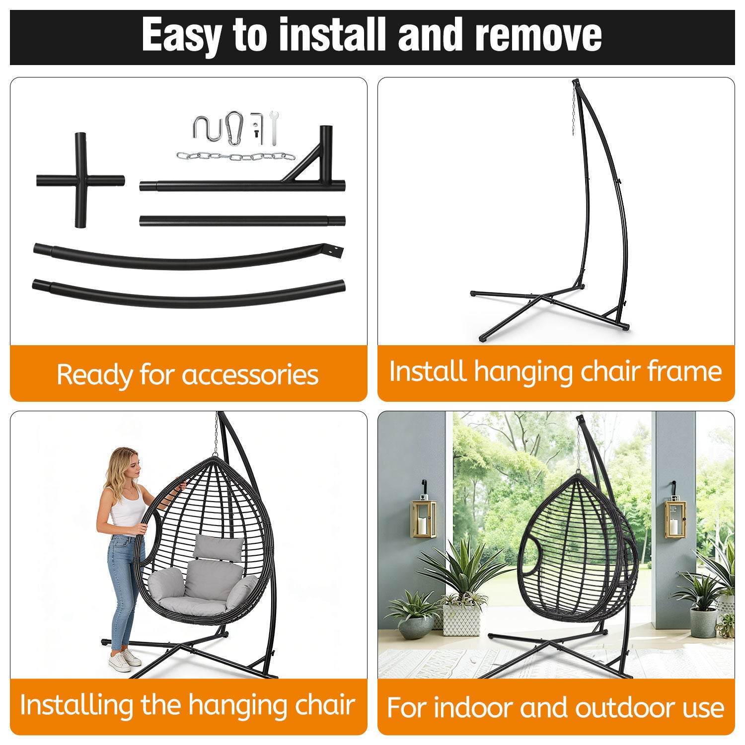 Hamac Fauteuil suspendu extérieur, amovible , cadre solide, pour jardin/terrasse - en Métal jusqu'à 150 kg - Siège suspendu(Fauteuil Non Inclus) - 8