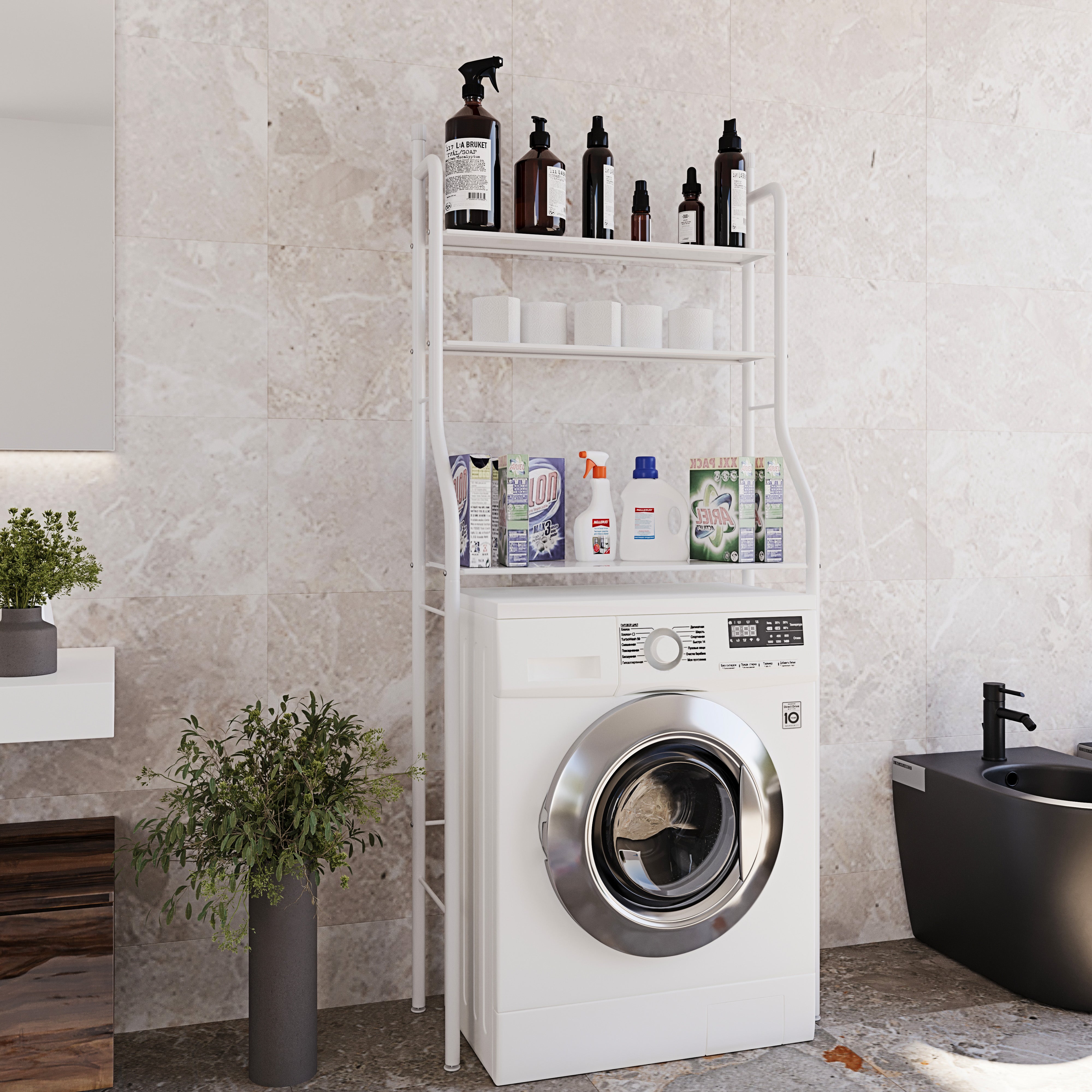 Scaffale Bagno 3 Mensole Ripiano Superiore Mobile Sopra Lavatrice Lavanderia Ripiani Per Appoggio Organizer Da Parete In Metallo 152x65x25 Cm Bianco - 6