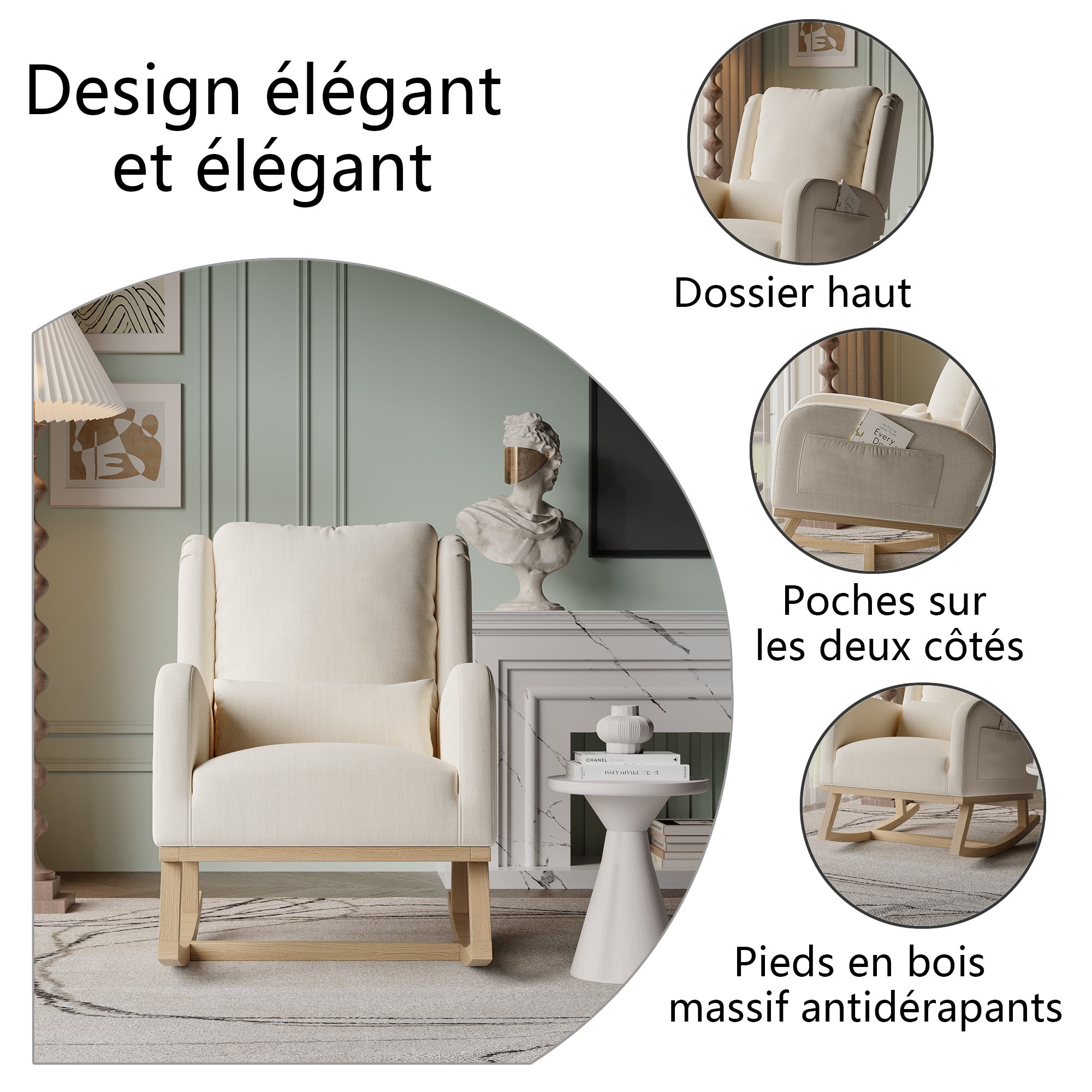 Rocking chair, avec poche latérale, dossier haut, coussin lombaire, accoudoirs, cadre en bois, fauteuil à bascule pour l'allaitement - Beige - 8