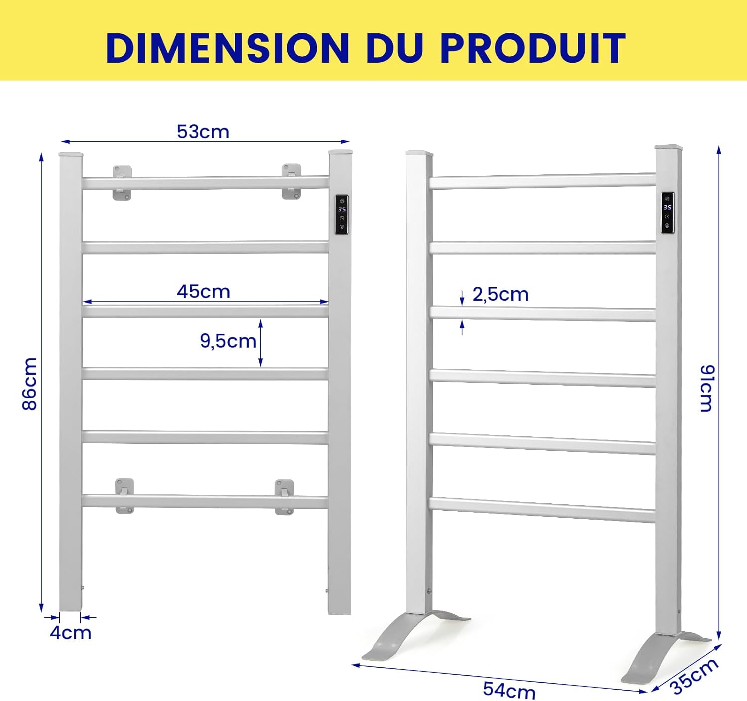 Aquecedor de Toalhas Elétrico de Parede ou de Chão com 6 Barras, Controlo de Temperatura Temporizador de 30-60°C e 1-8h, Aquecedor de Toalhas de Casa - 5