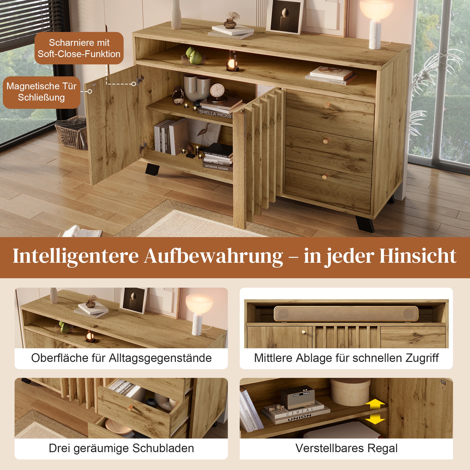 Buffet bas avec 3 tiroirs et 2 portes, commode - 120 x 40 x 85 cm - Panneaux de particules et MDF - Chêne foncé - 3