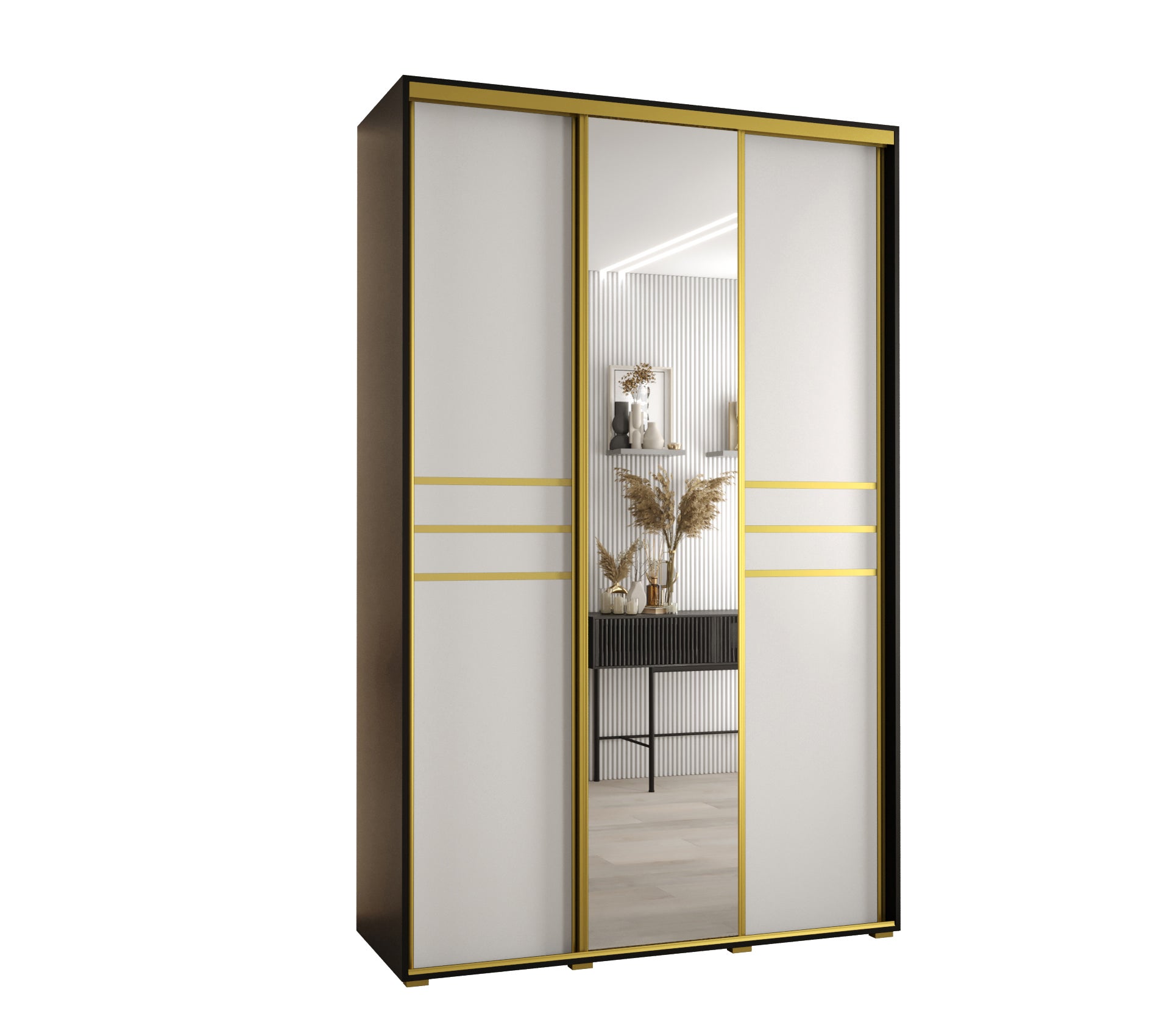 Szafa przesuwna z lustrem wysoka Davos 11 150 x 60 x 235,2 cm czarny + biały + u. złoty - Abiks Meble