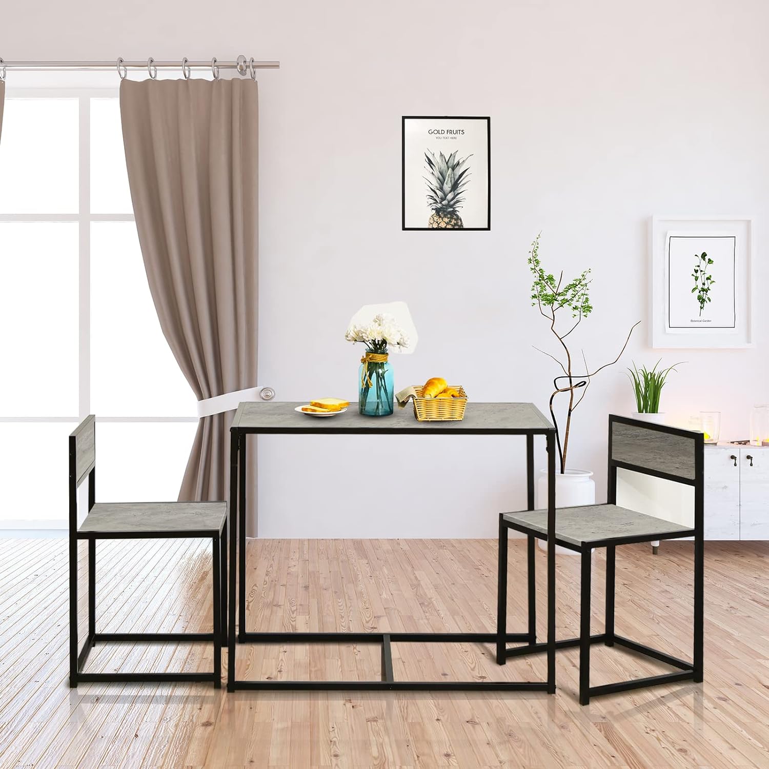 Ensemble de Table et Chaises Compacte et Antiderapante avec Cadre en Metal, Table avec 2 Chaises Robuste et Pratique, Style Retro Ideal (Gris) - 4