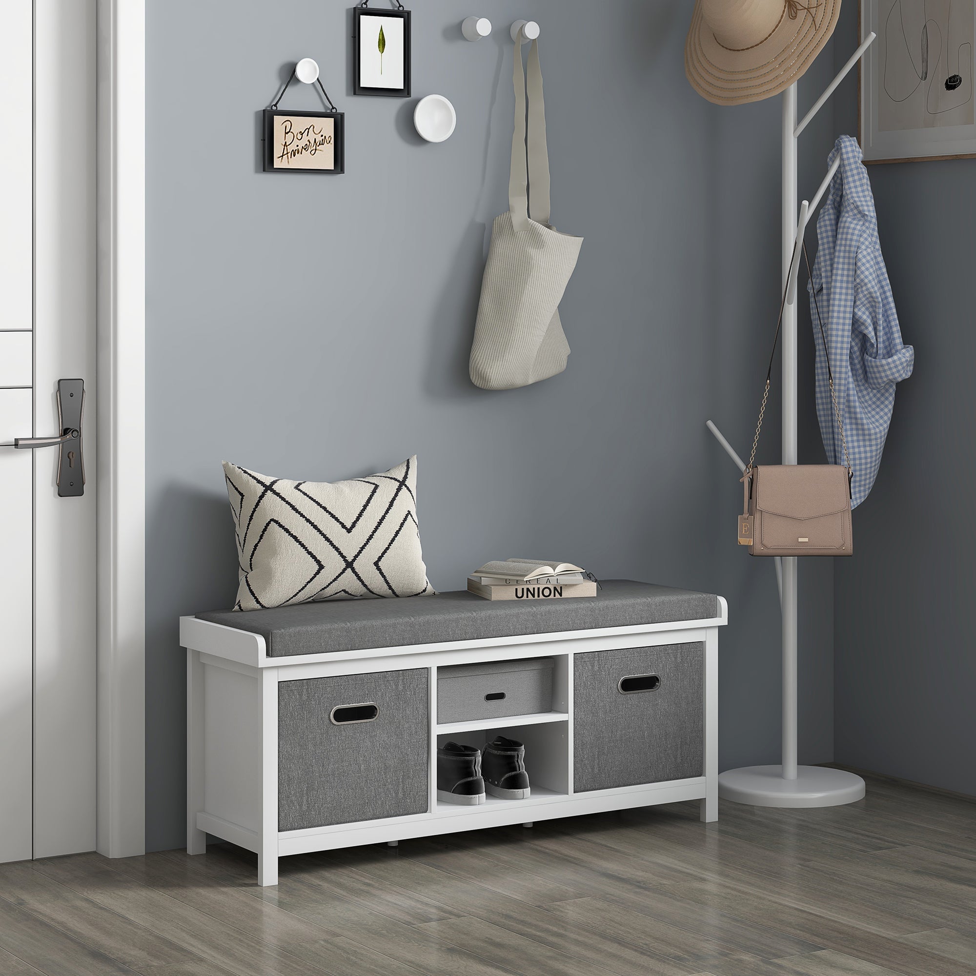 HOMCOM Panca Scarpiera con Ripiano Regolabile a 3 Livelli e 2 Cassetti, in Truciolato, 105x35x47 cm, Bianca e Grigia | Leroy Merlin