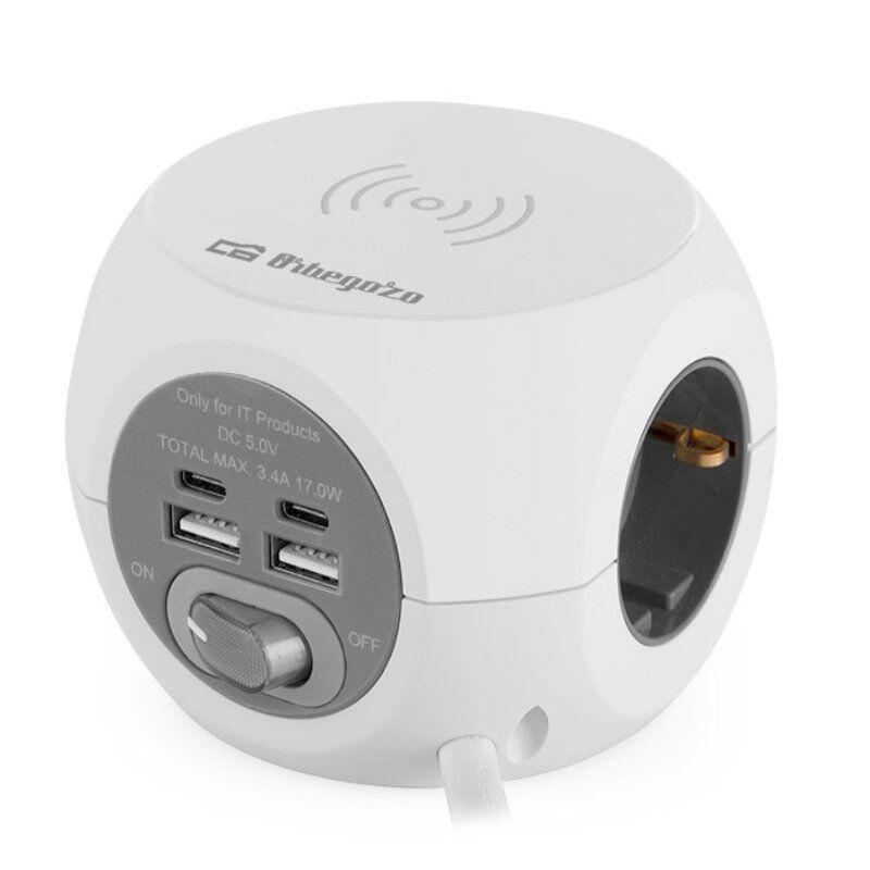 Orbegozo EN 4500 Power Strip com carregamento sem fio / 3 tomadas / 2 USB - 2 USB tipo C / cabo de 1,5 m / branco e cinza
