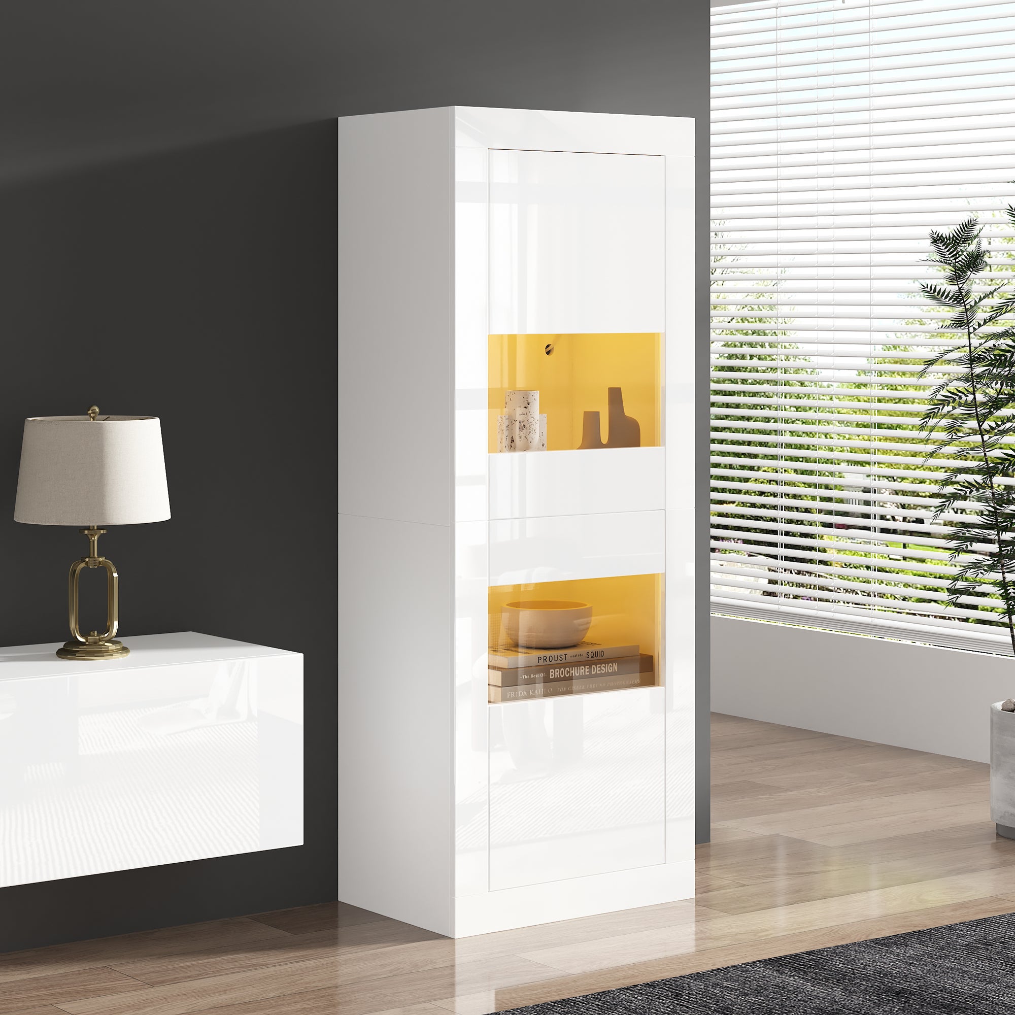 Rfgyhph  Vitrina De Alto Brillo Con Iluminación Led, 1 Estante De Cristal, 61*42*162 Cm, Vitrina, Vitrina Independiente, Armario Alto Blanca , Leroy Merlin