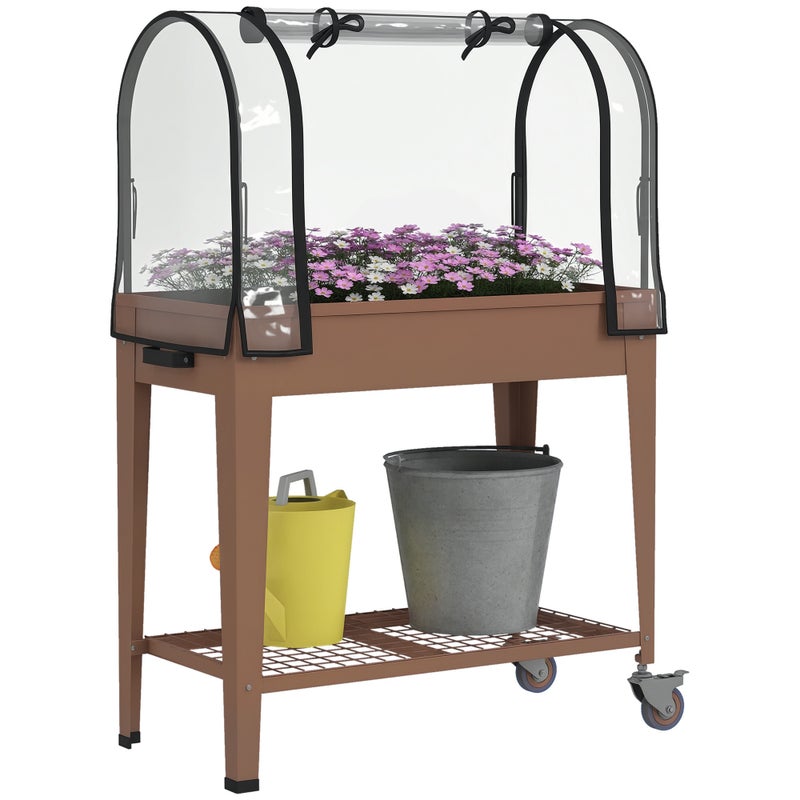 Podwyższona donica z mini szklarnią, kółkami i półką, 80x40x120 cm, brązowa