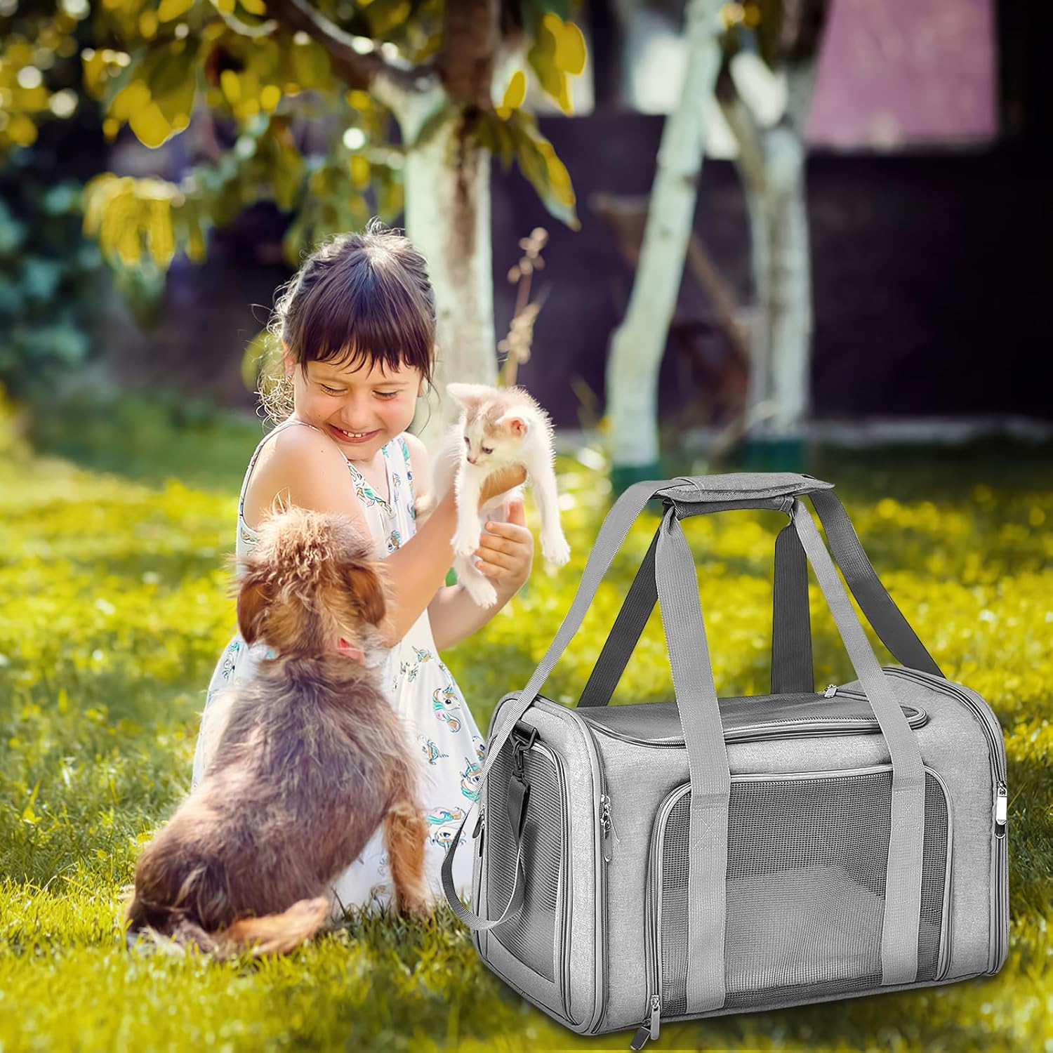 Bolsa de transporte dobrável e respirável para gatos e cachorros, ideal para viagens de trem e carro (cinza, 45x28x28cm). - 5