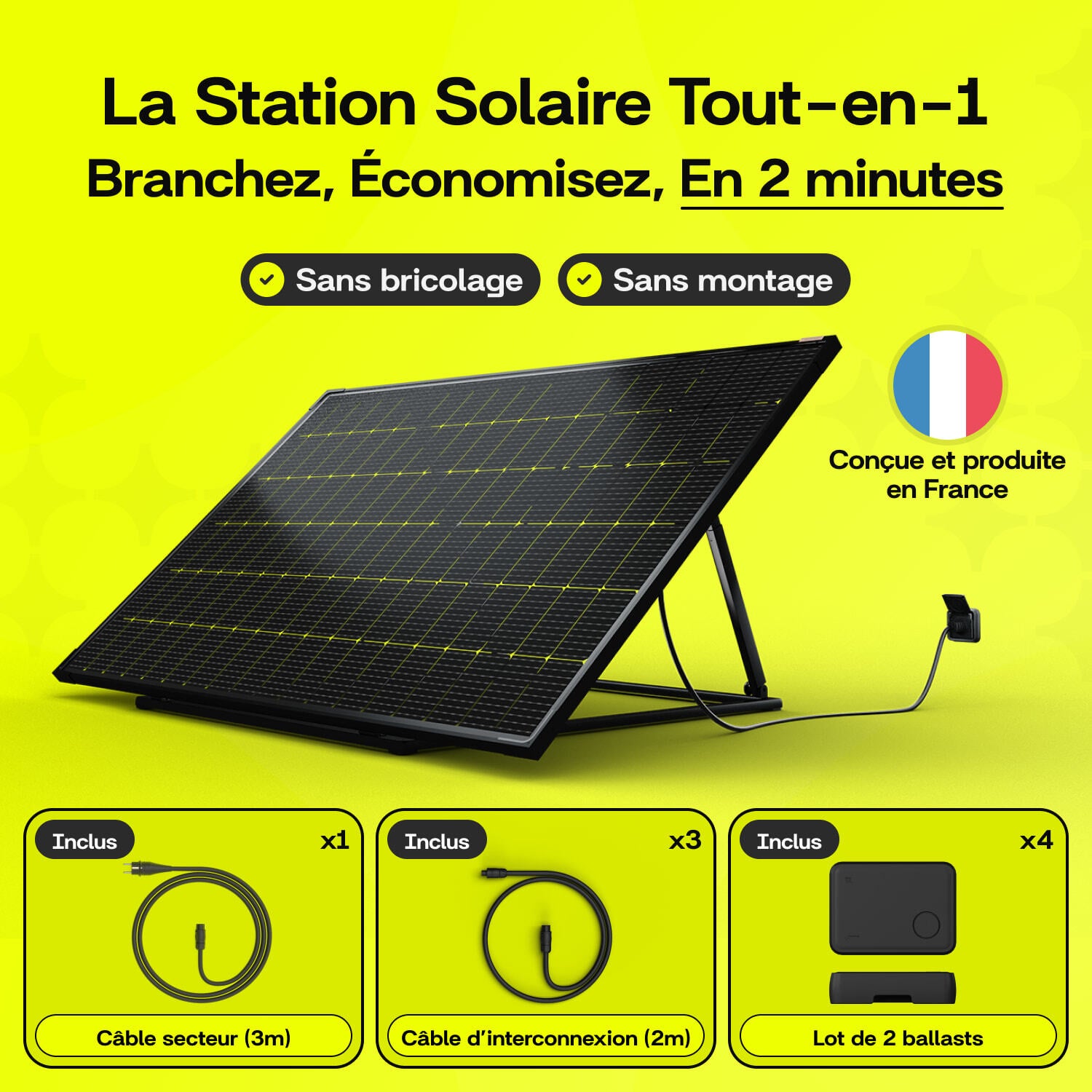 Sunology PLAY2 - Kit 4 panneaux solaires complet 1840W bifacial – 4 Stations solaire livrées totalement assemblées – Installation au sol ou au mur - 2