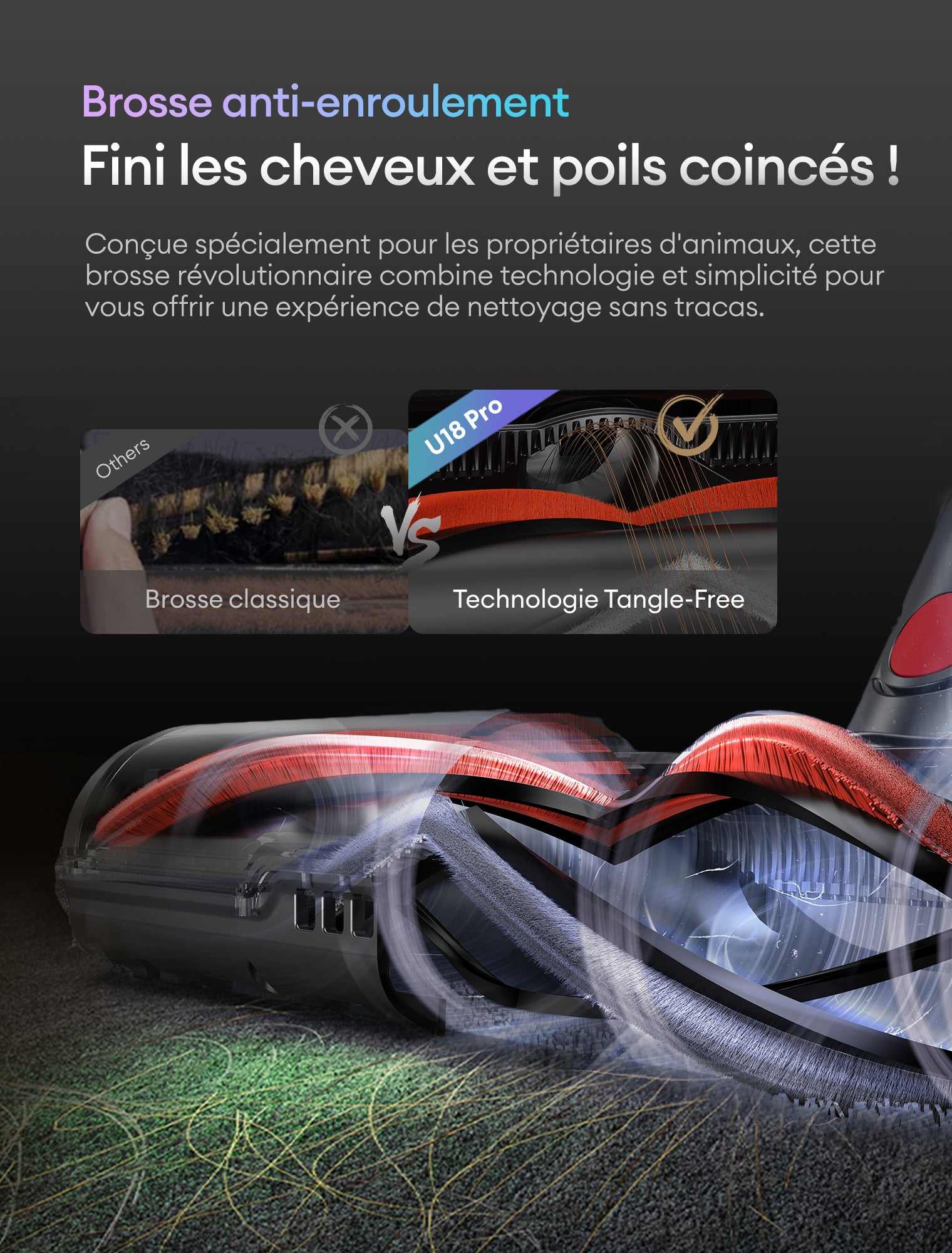 Aspirateur Balai sans Fil UI8 PR0, 600W, 70Kpa, Autonomie 80 min, brosse anti-emmêlement, Écran LED, Tube flexible, GreenEye, Gris et Rouge - 3