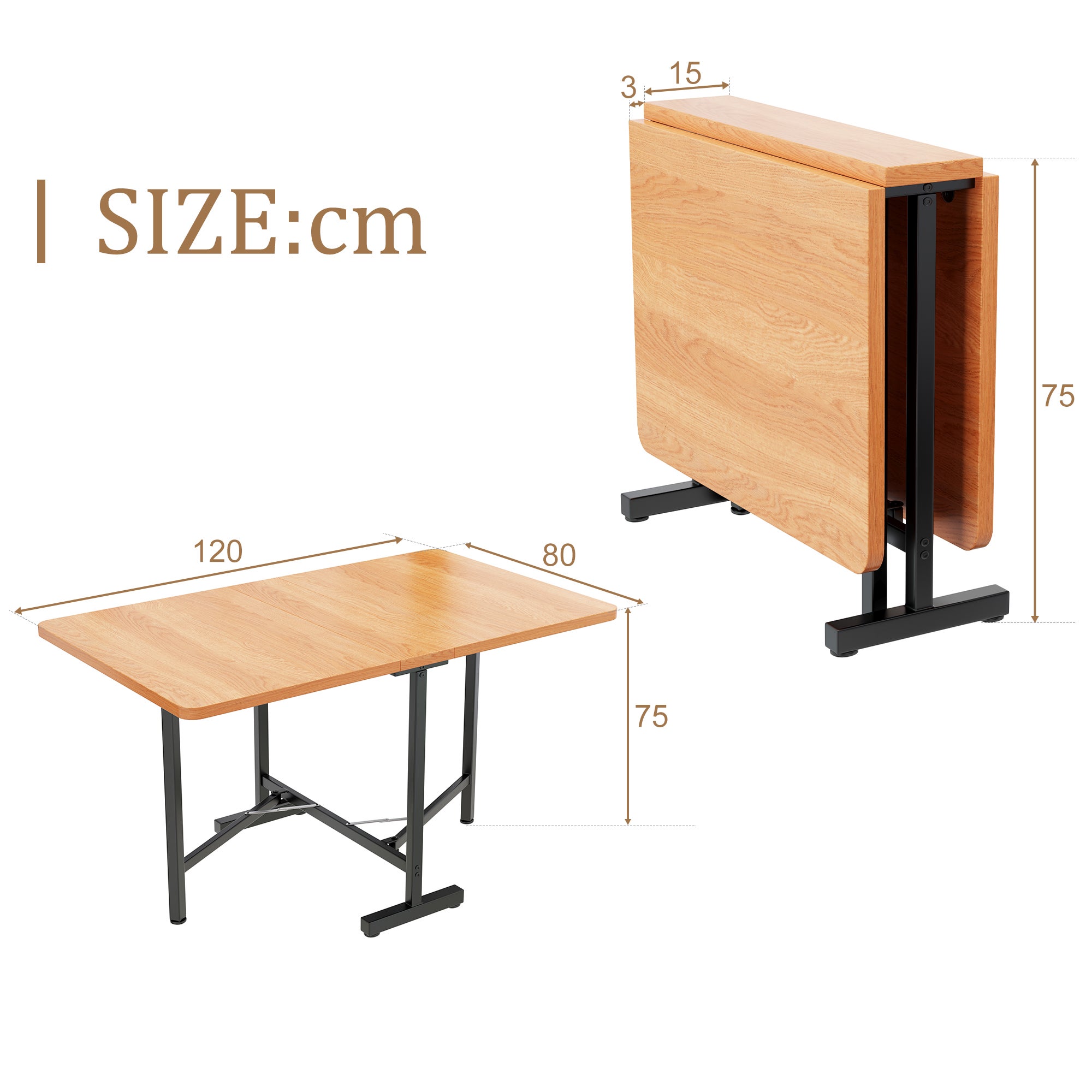 Table à manger pliable 4 à 6 couverts - L 120 x l 80 x H 75 cm - Bois MDF et métal - Naturel - 3