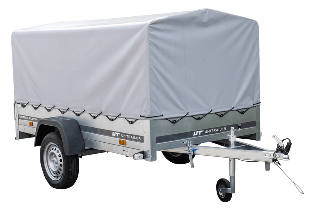 Przyczepka jednoosiowa Unitrailer na resorach 230x125 GARDEN 230/R KIPP ze stelażem H-800 i plandeką szarą 1 szt.